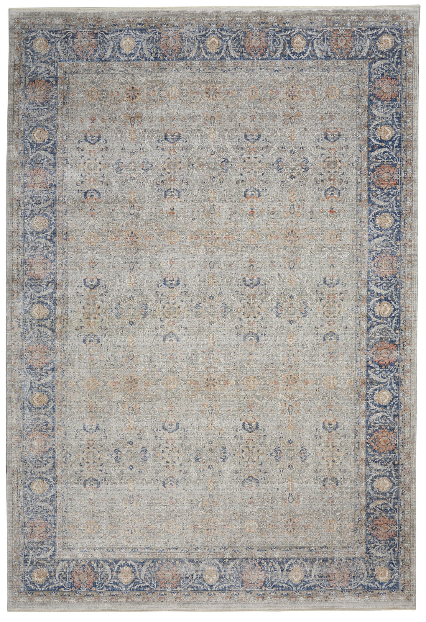 Traditional rug with a blue ornate border and a light gray field dotted with subtle blue, peach and tan floral motifs.