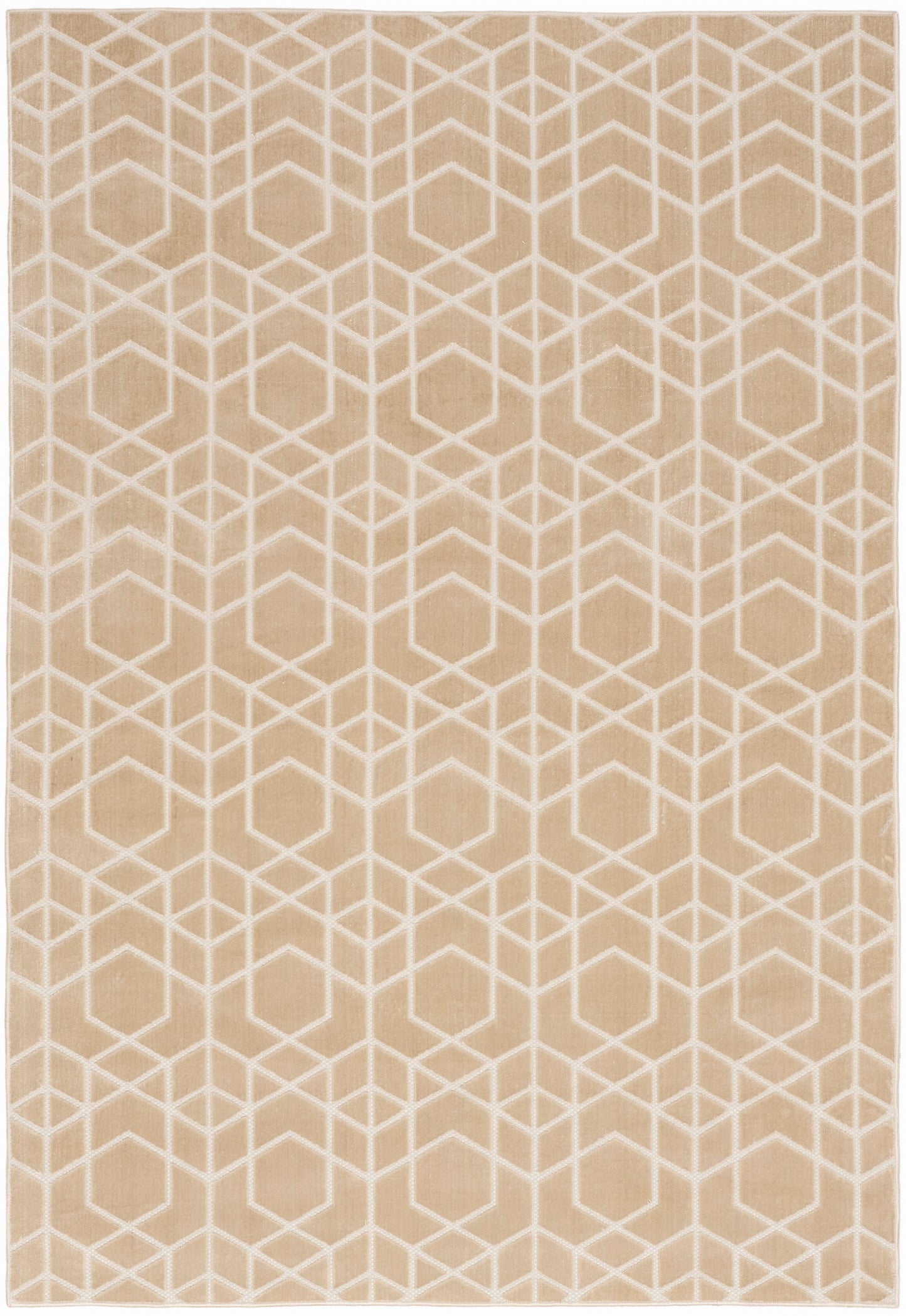 Beige area rug with an allover white geometric cube/isometric pattern; modern, versatile for living spaces.