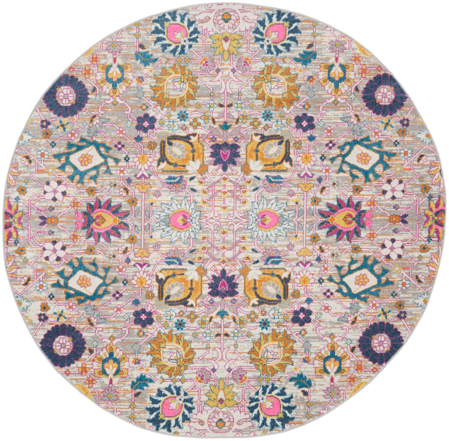 Round rug featuring a vivid Persian-inspired floral pattern in pink, teal, yellow, orange, and purple on an ivory background.