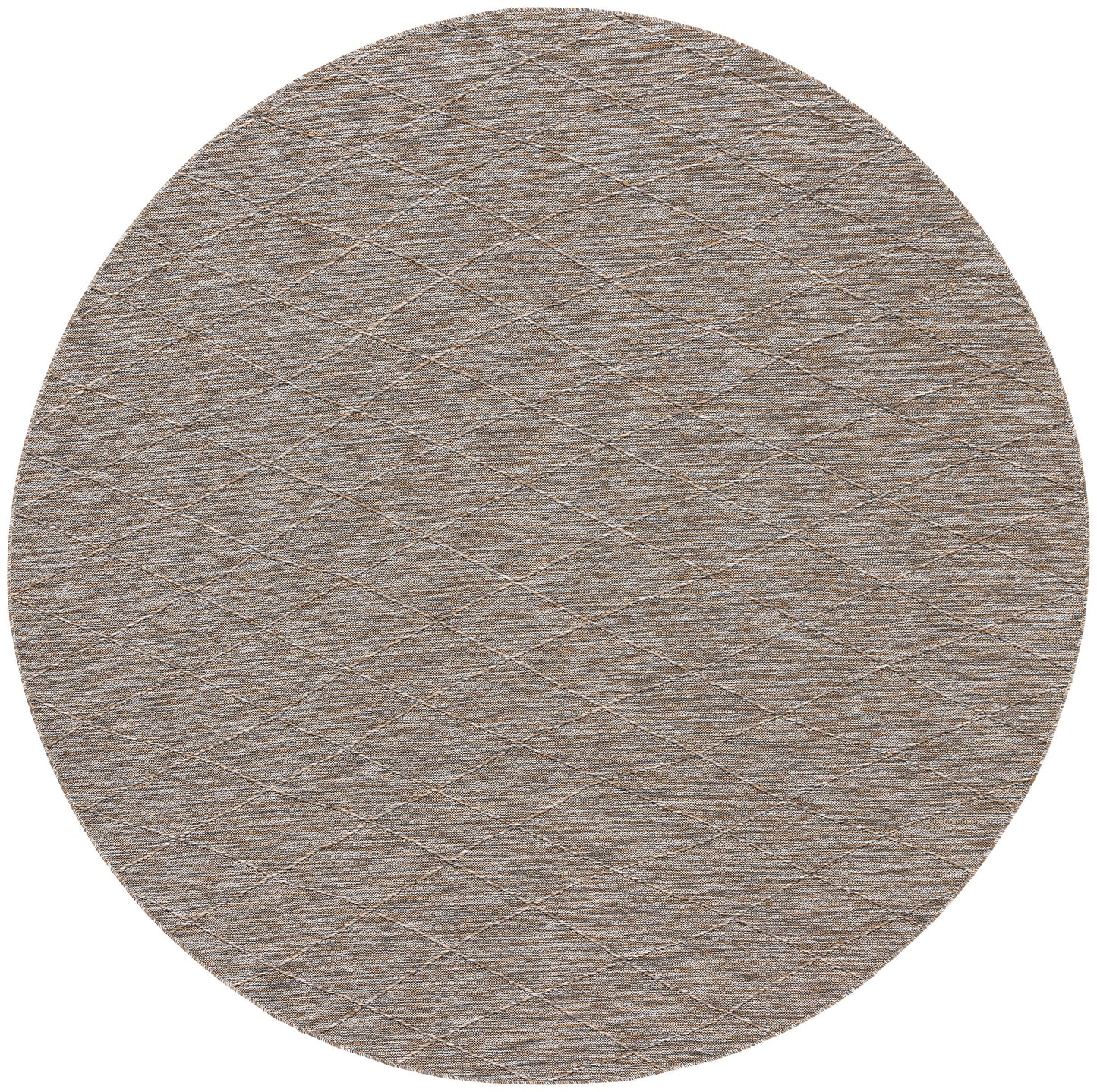 Round taupe rug with textured woven surface and diagonal crosshatch pattern.
