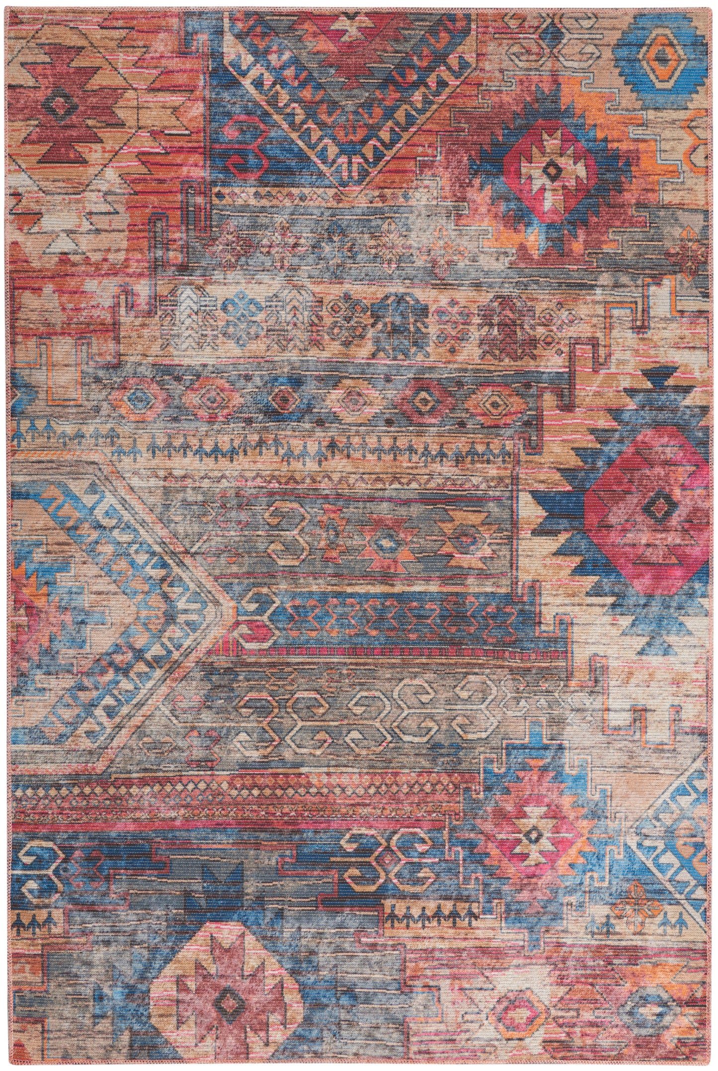 Vibrant geometric kilim rug with diamonds, chevrons, and stepped motifs in red, blue, orange and beige.