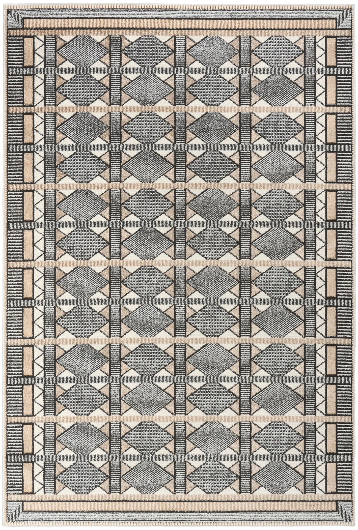 Rectangular woven rug with beige base, gray diamond motifs, black outlines, & striped border in neutral tones.