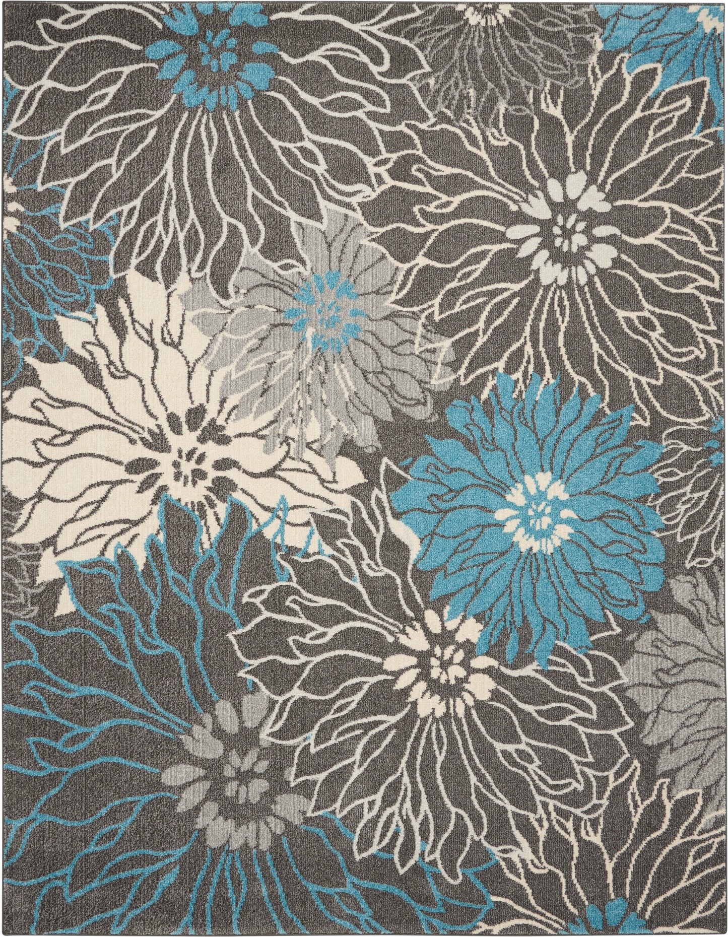 Woven area rug with oversized teal, white and cream flowers on gray background.