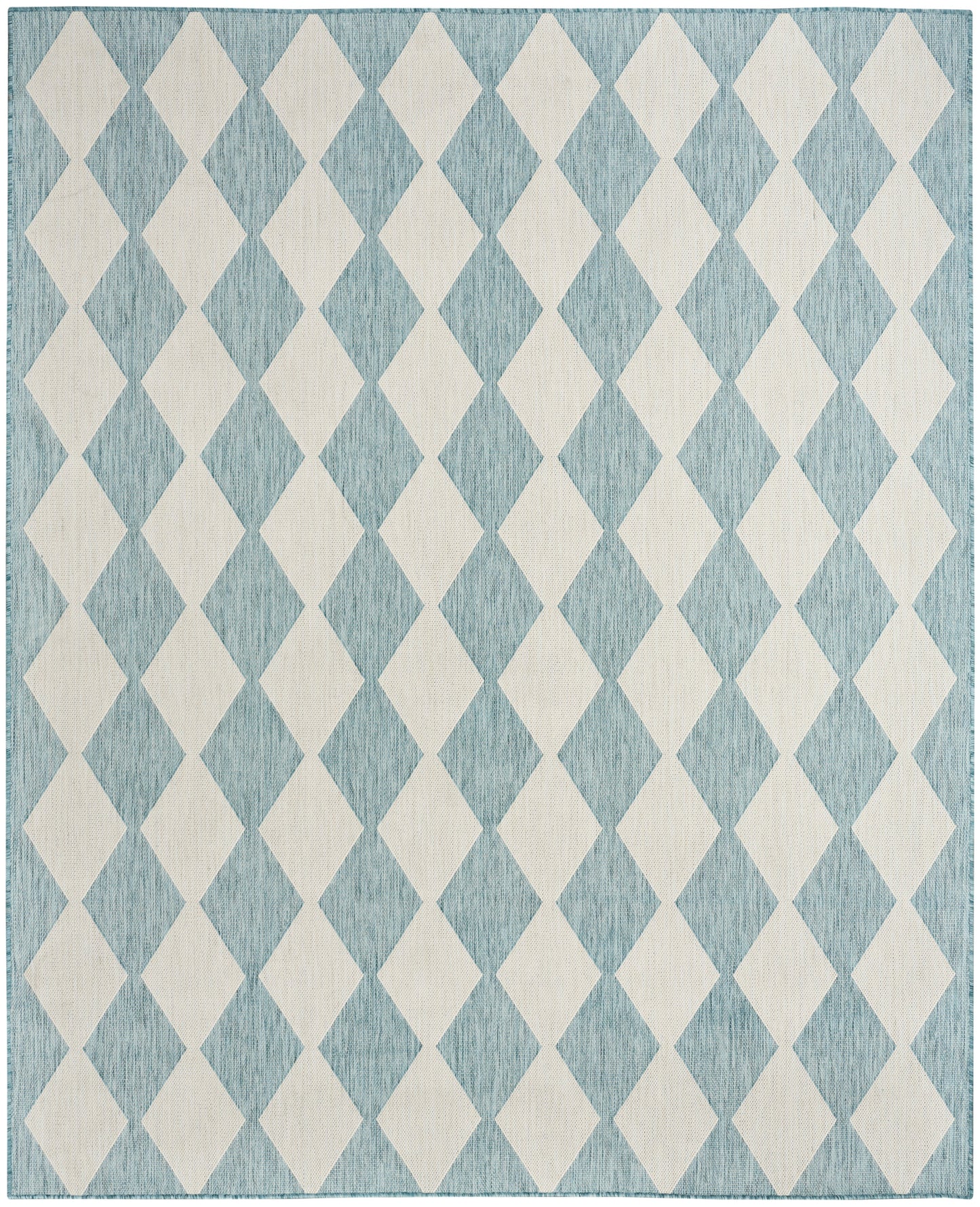 Blue textured rug with cream diamond argyle pattern on teal-blue weave.
