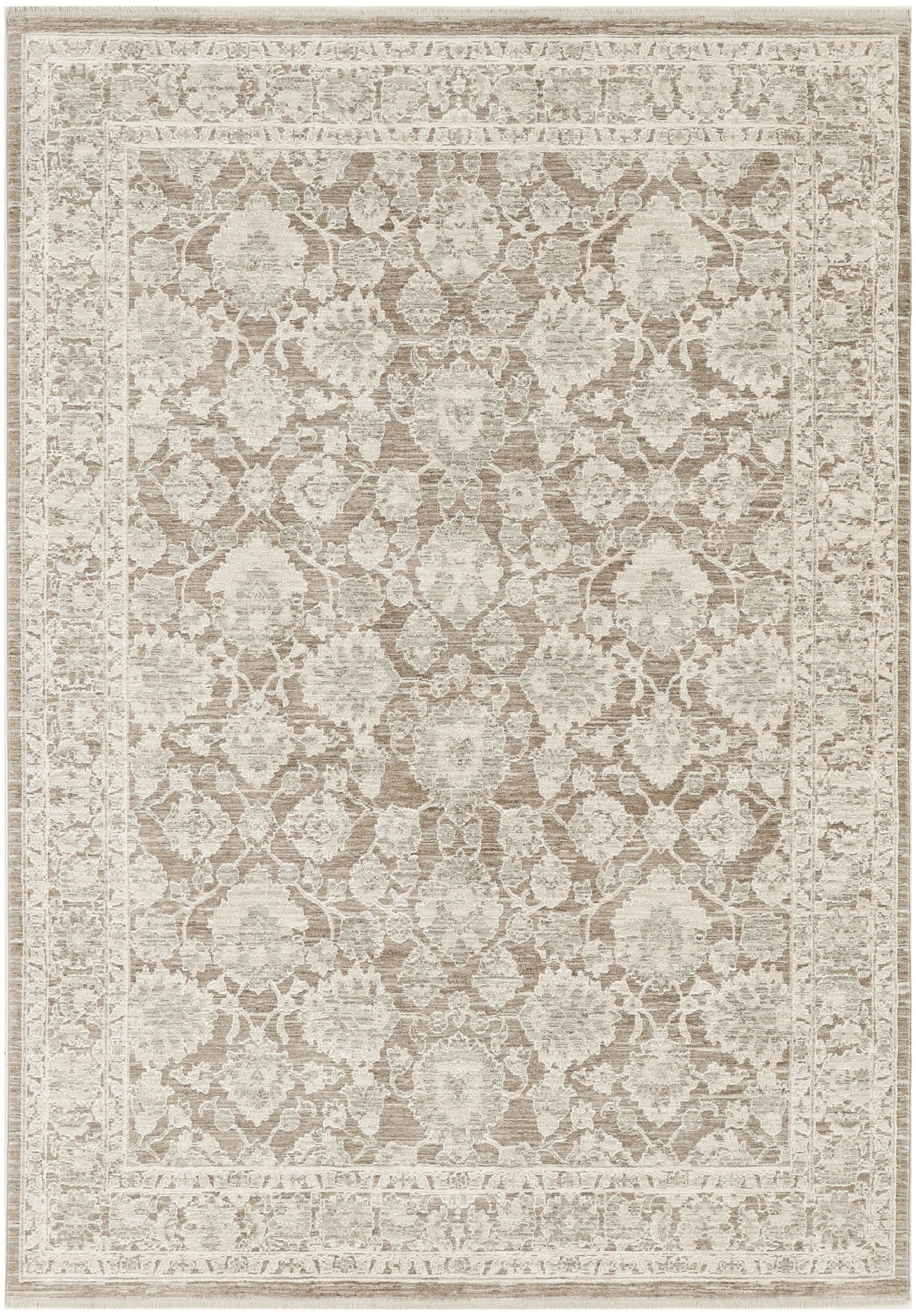 Neutral beige ivory area rug with intricate damask pattern and antique-style border; traditional living room rug.