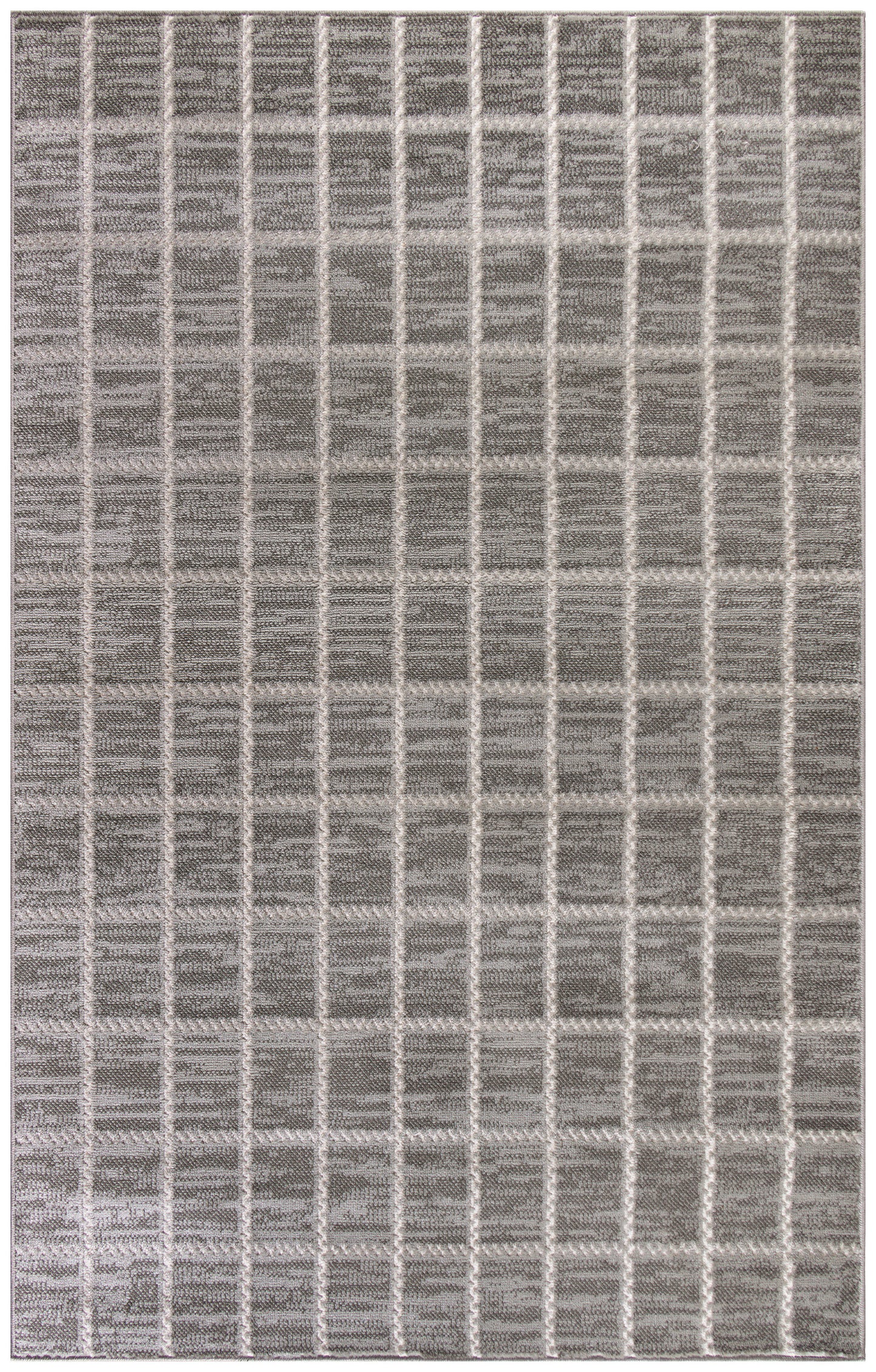 Gray rug with a subtle light beige grid pattern; rectangular, low-pile area rug for living spaces.