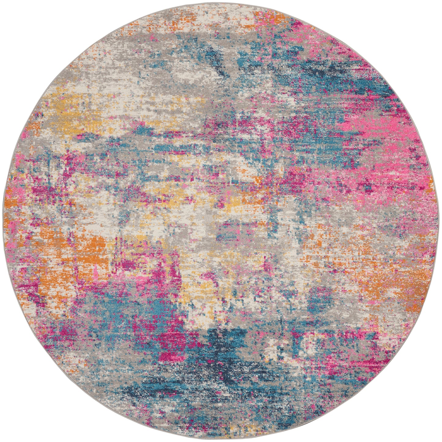Round area rug with abstract multicolor pattern in pink, teal, orange, yellow and grey.