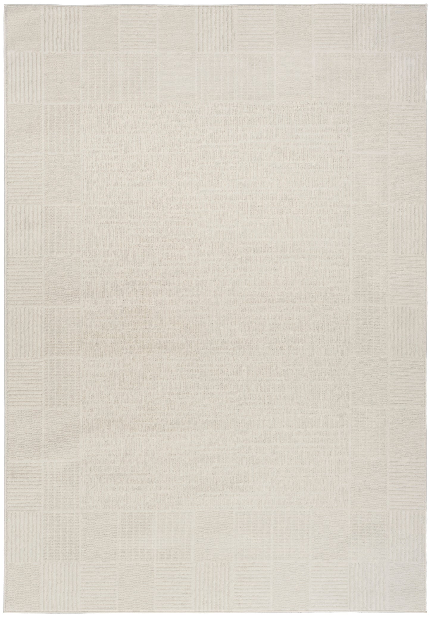 Cream-beige rectangular rug with a textured center and grid-patterned border; woven, neutral decor for living spaces.