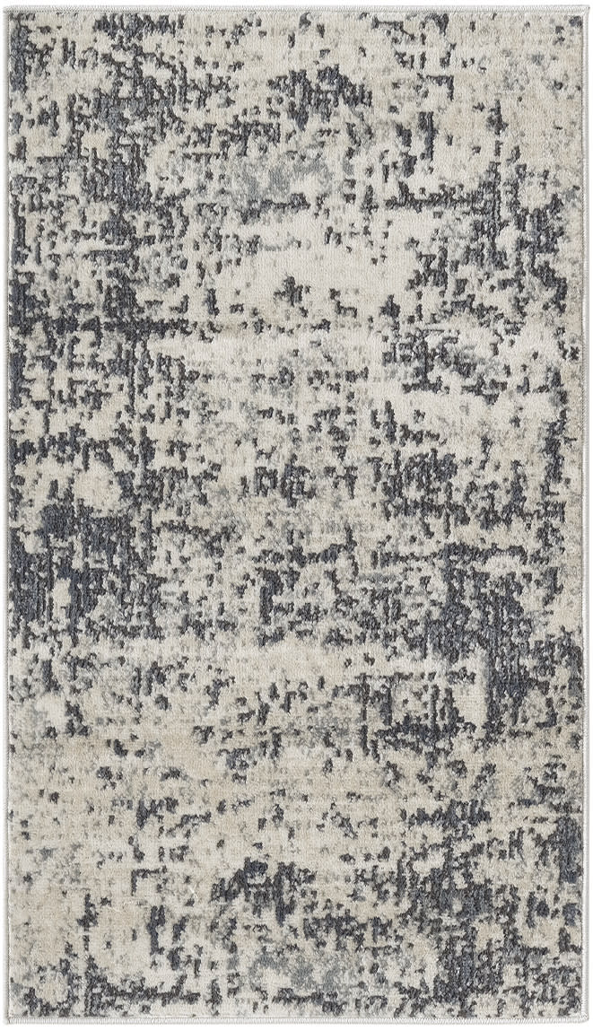 Rectangular distressed beige and charcoal rug with abstract pattern; modern vintage style for living room or entryway.
