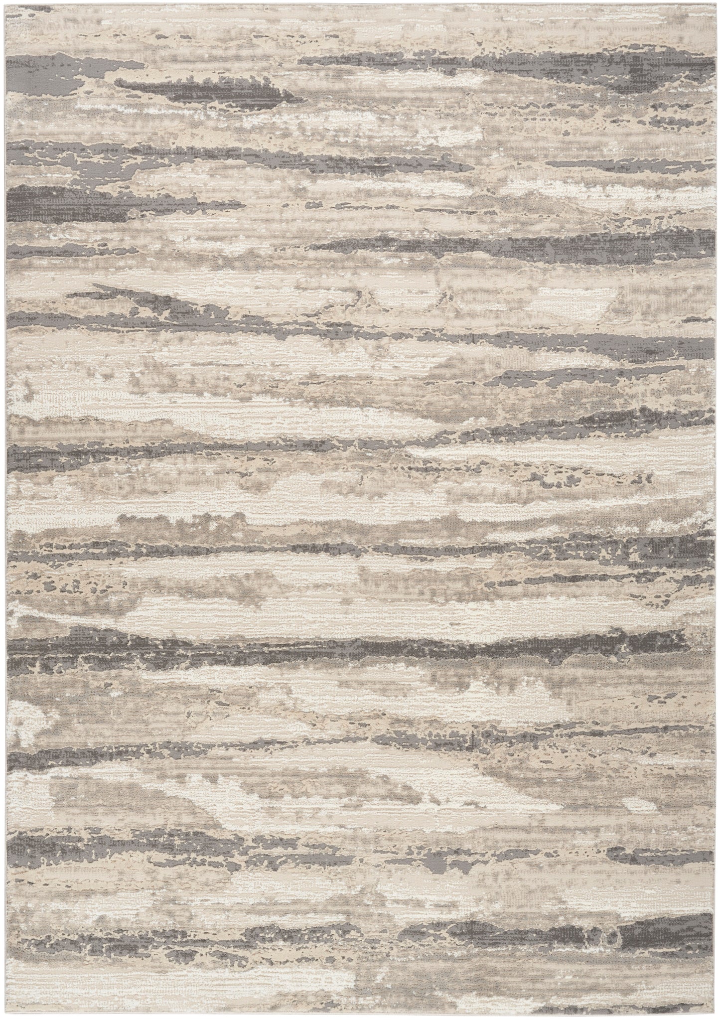 Neutral beige and gray abstract area rug with uneven horizontal brushstroke pattern; modern, soft pile.