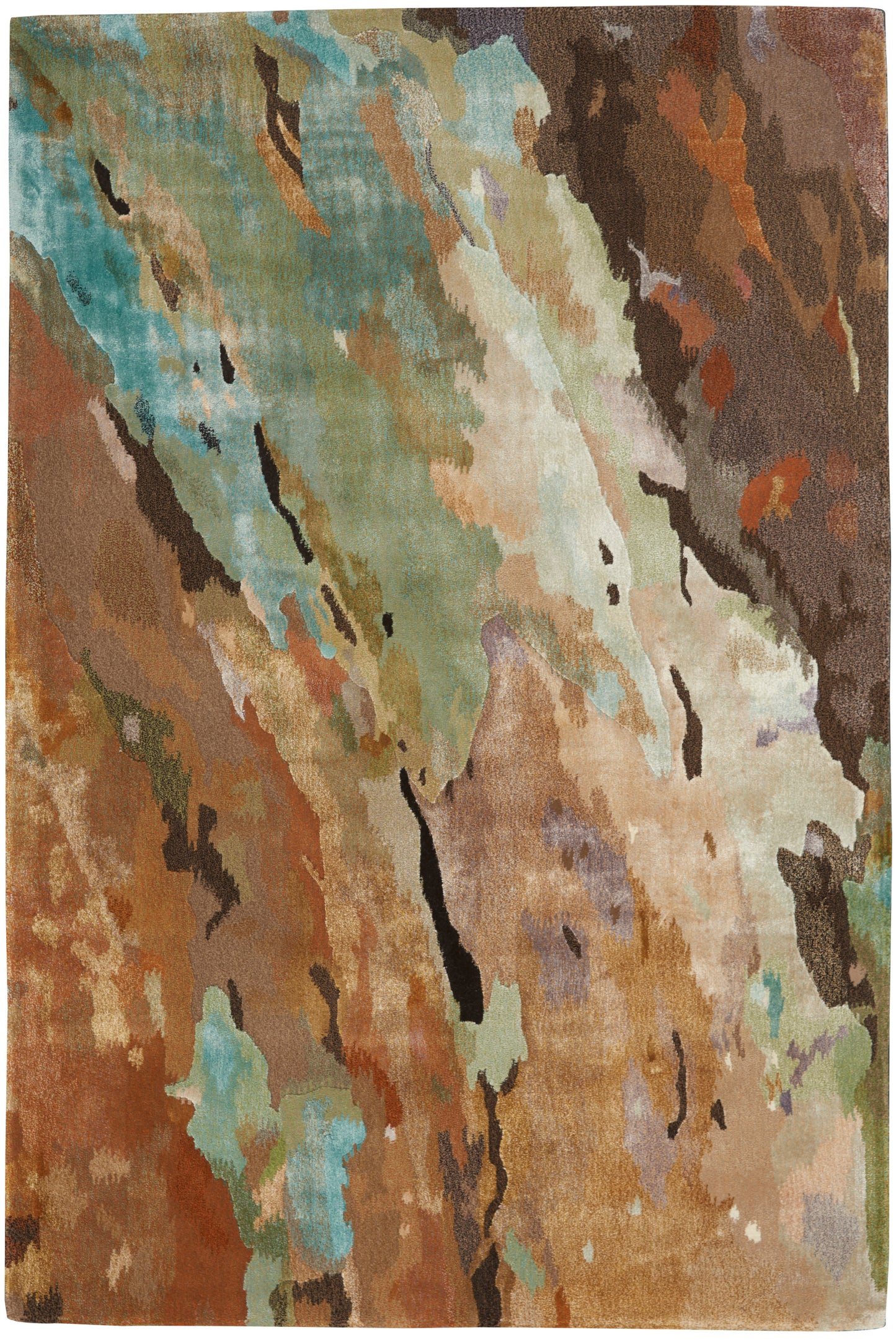 Abstract area rug in earthy browns, greens, teals and creams with irregular color blocks.