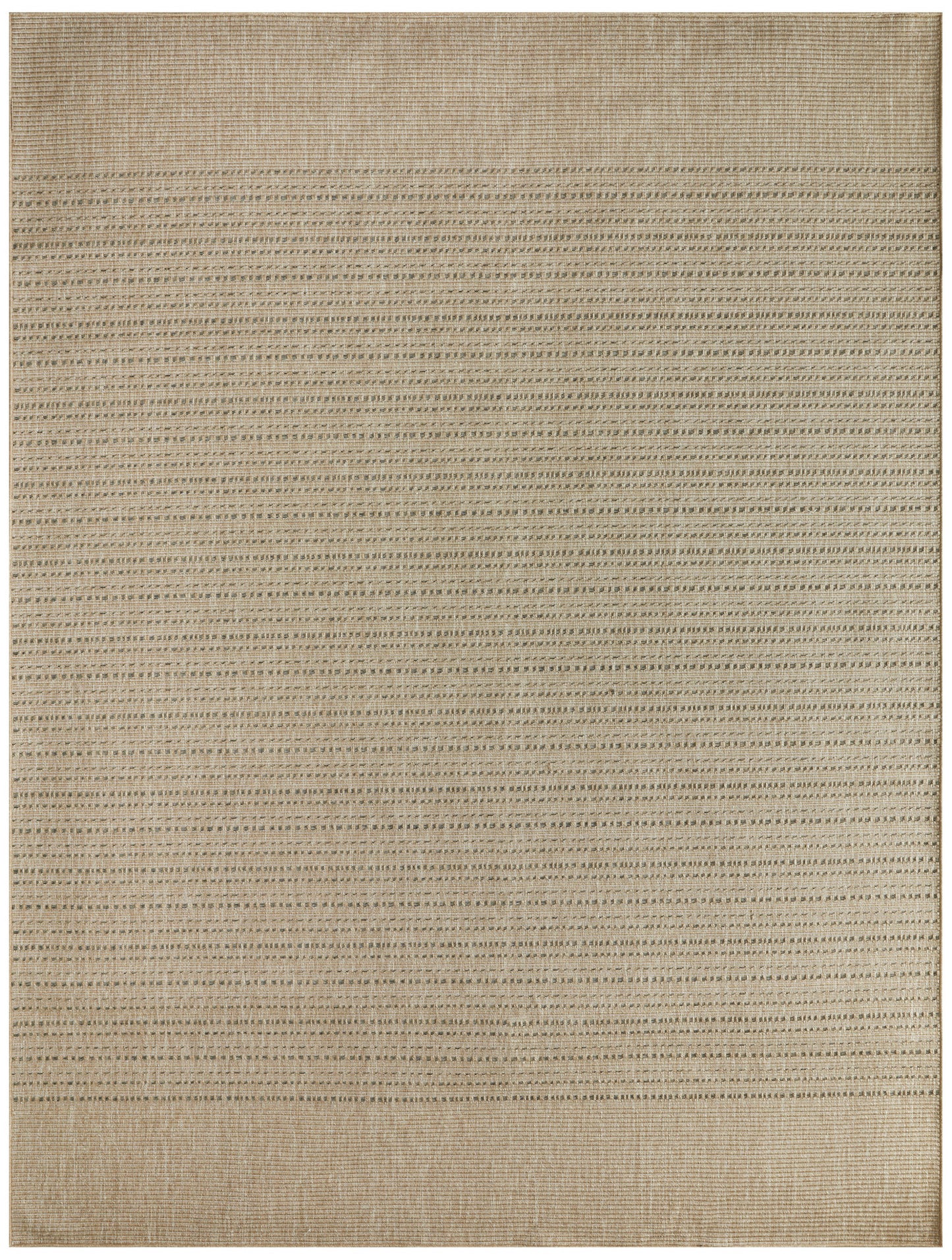 Beige flatwoven outdoor rug with subtle horizontal stripes and a darker woven border along the edge.