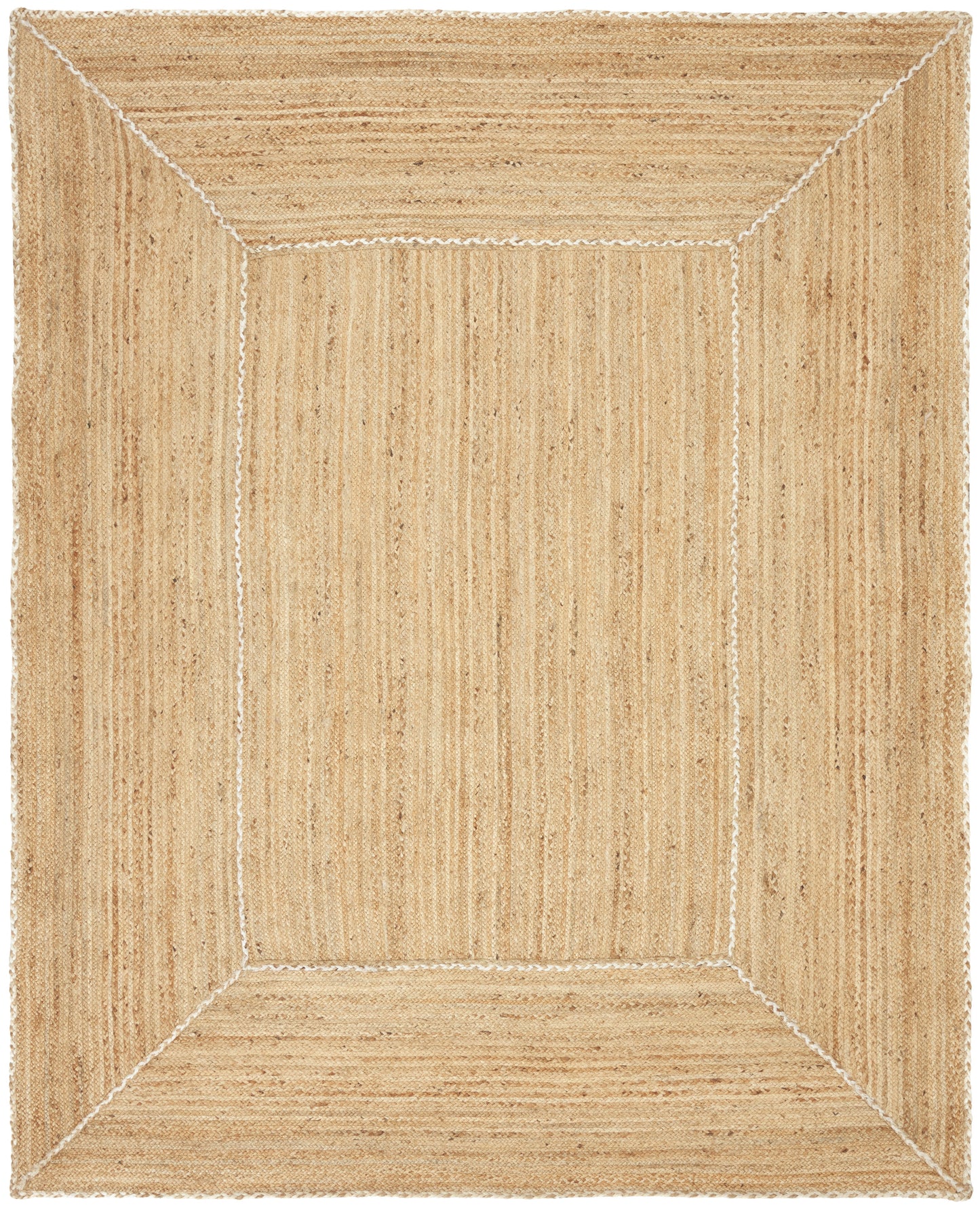 Natural jute rug with a framed rectangular border, woven texture, rustic farmhouse style floor mat.