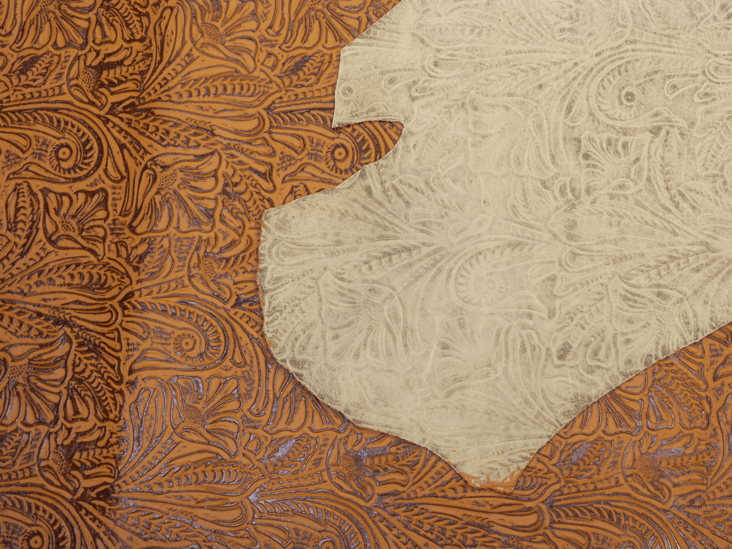 Alligator hand-tipped embossed camel cowhide.