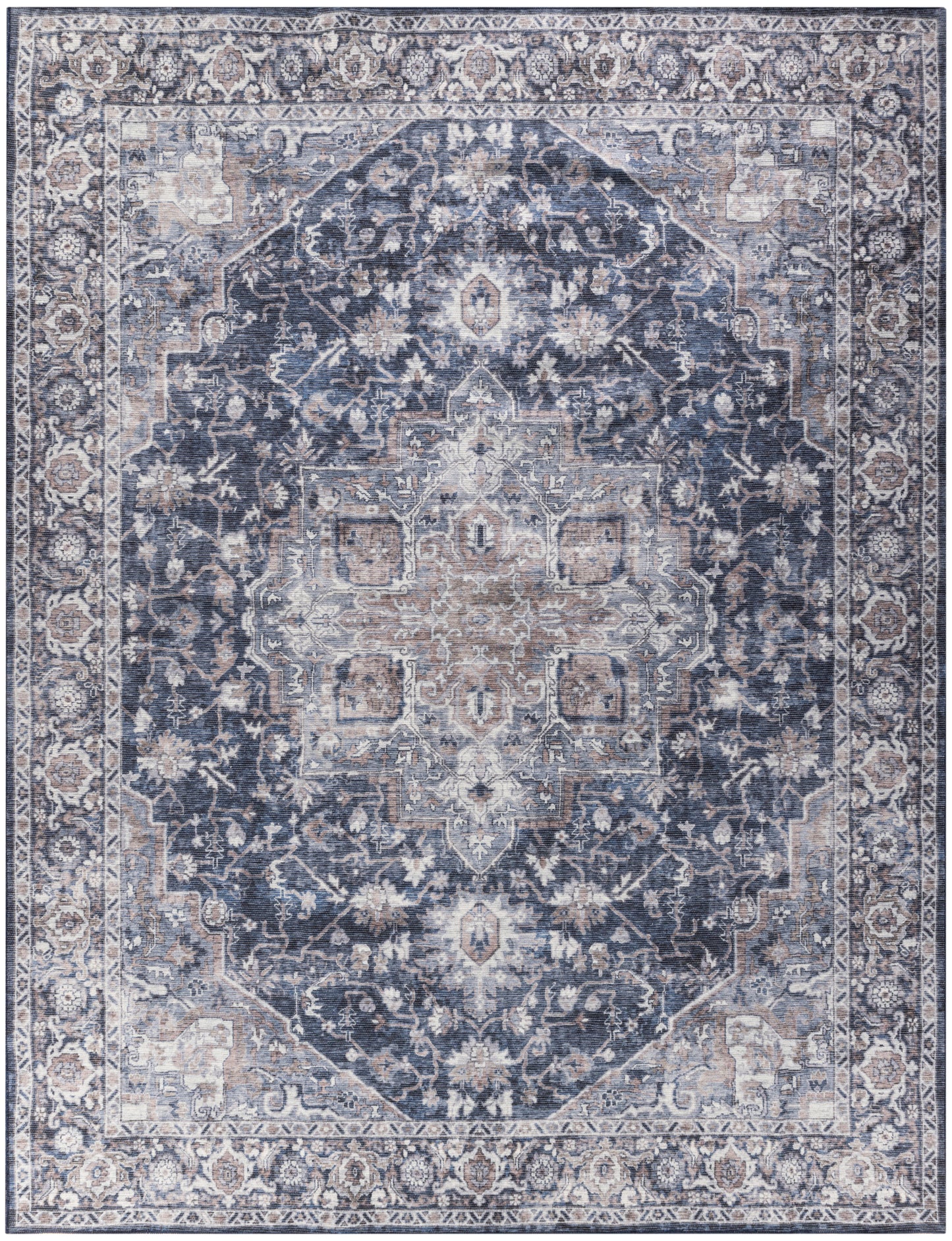 Rectangular navy blue oriental rug with a large central medallion, ivory and beige floral motifs and ornate border.