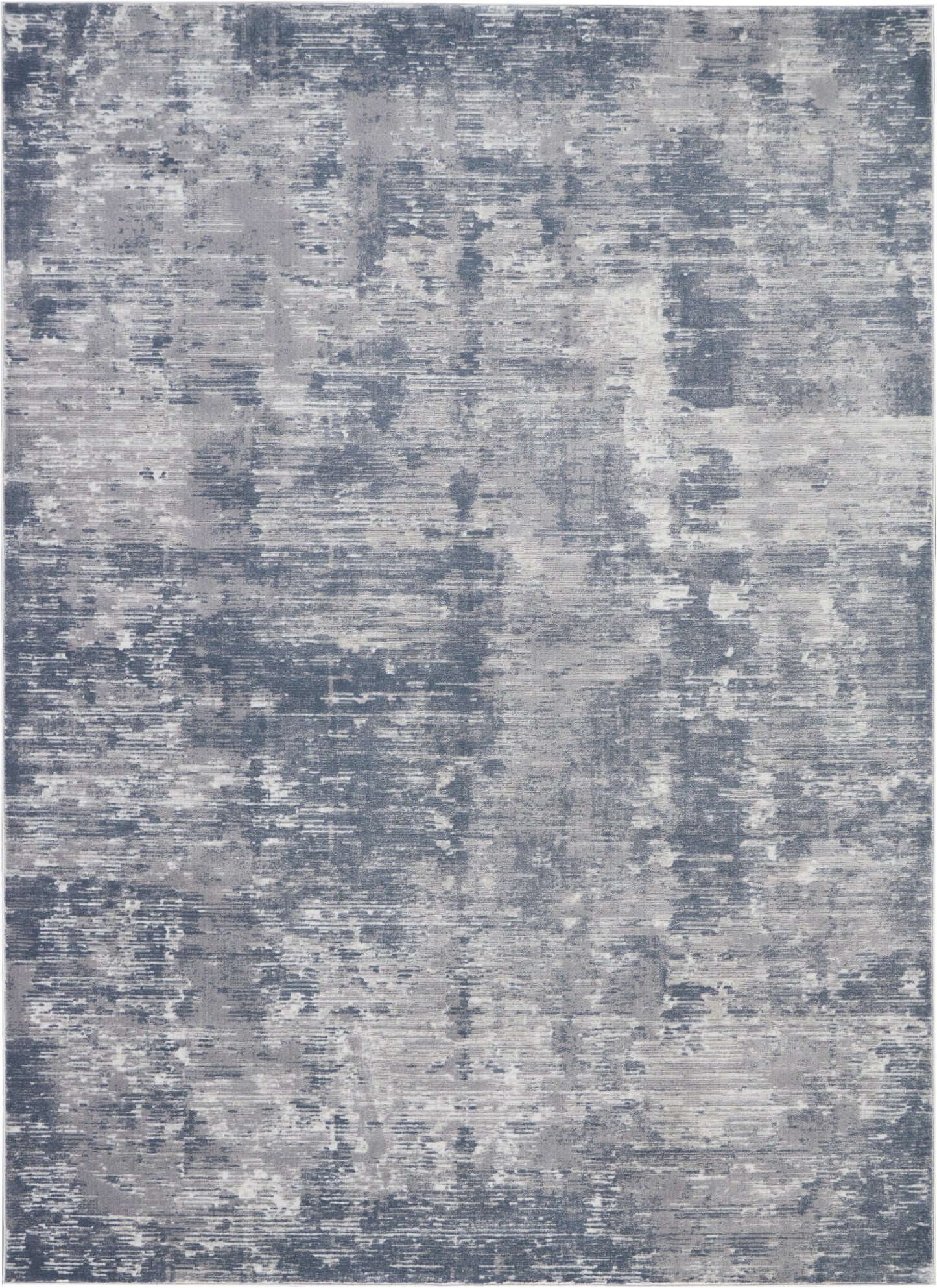 Blue-gray abstract distressed area rug in a modern contemporary style with soft, muted tones.