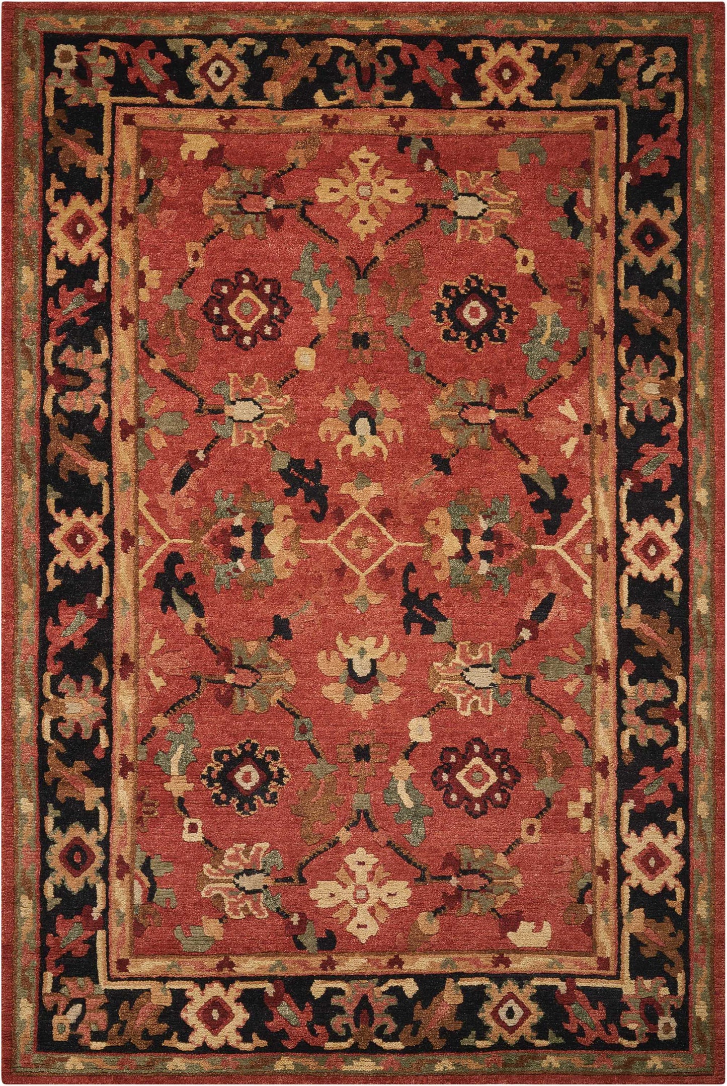 Persian-style wool rug; red field with floral vines, ivory and green accents; dark border with geometric floral motifs.