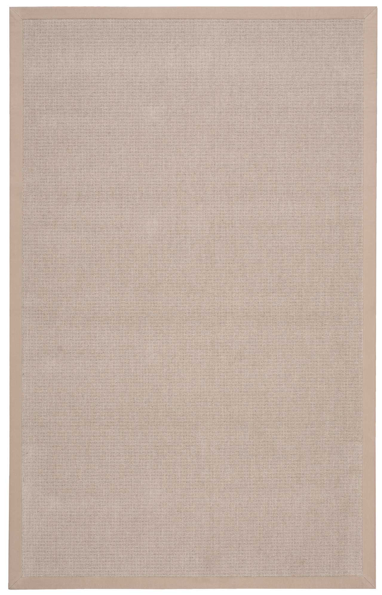 Beige rectangular woven rug with subtle grid texture and tan border.