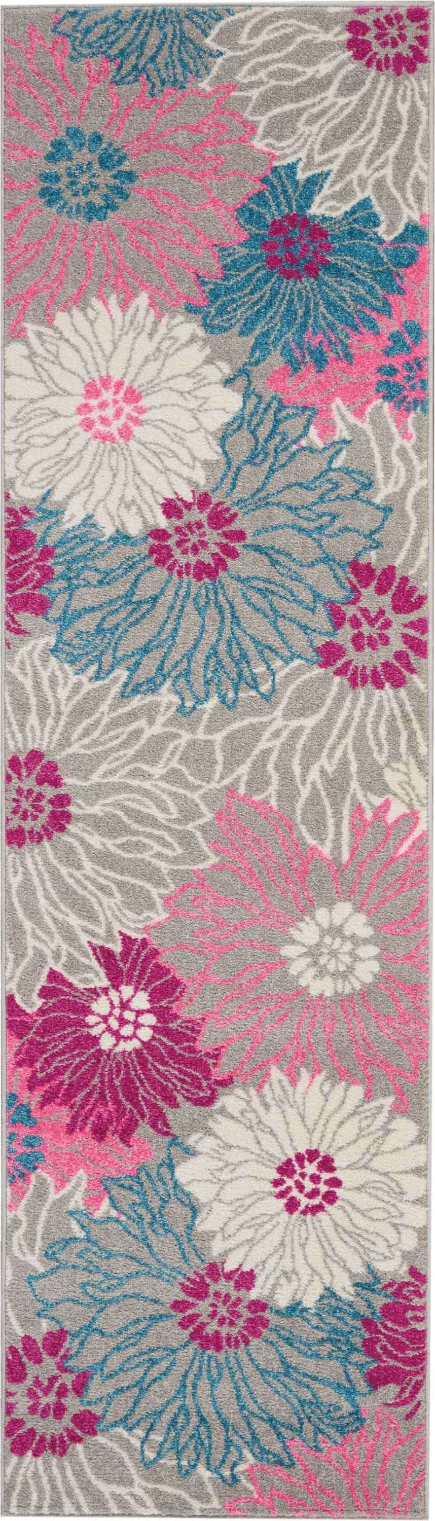 Rectangular area rug with oversized pink, blue & white flowers on a grey background; modern floral design.