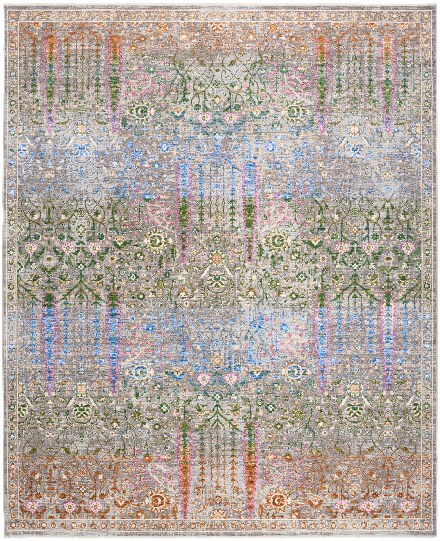 Pastel distressed Persian rug with intricate floral motifs in orange, pink, blue, green; vintage worn look and borders.
