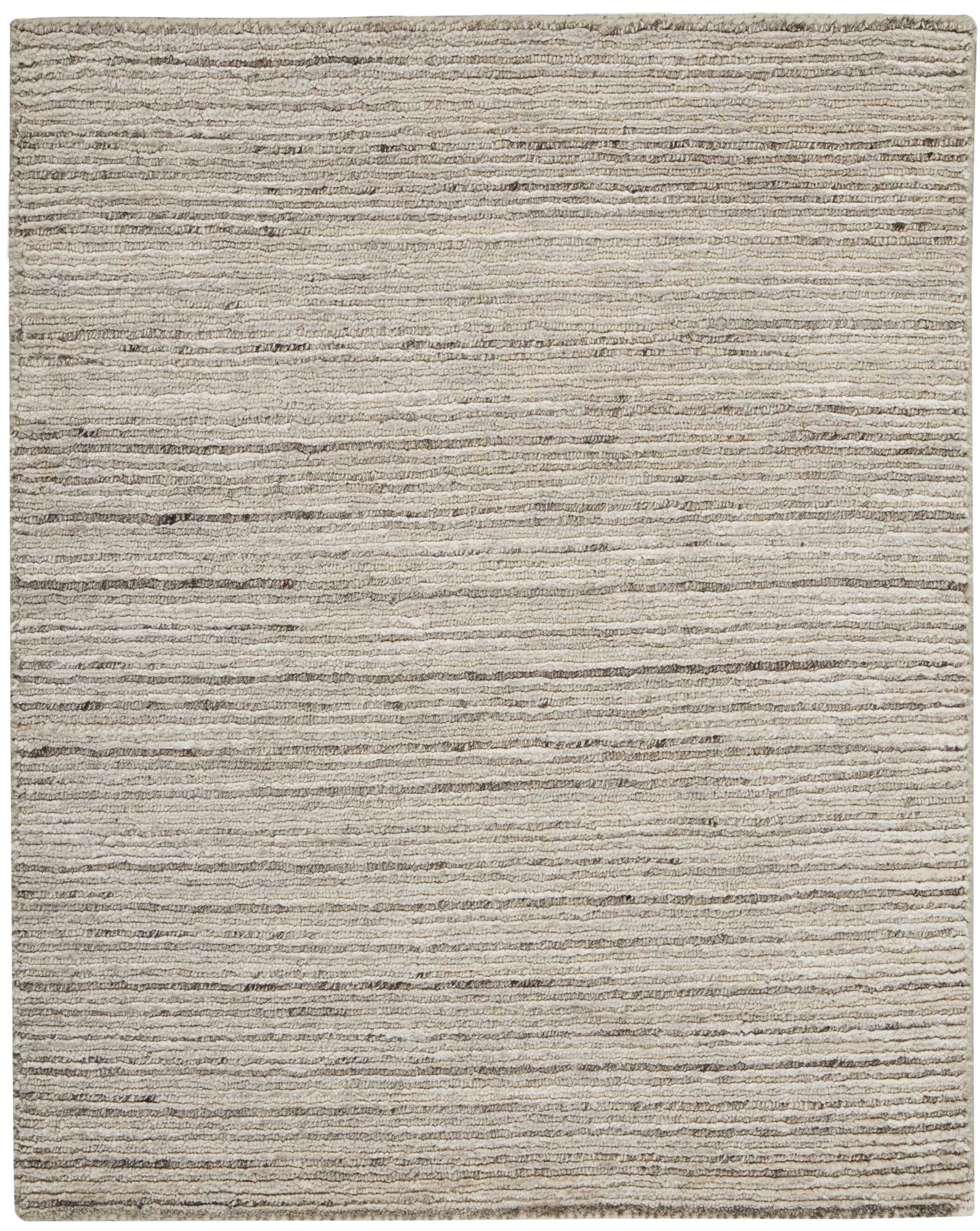 Neutral beige area rug with soft plush pile and subtle horizontal stripes; rectangular for living room or bedroom.