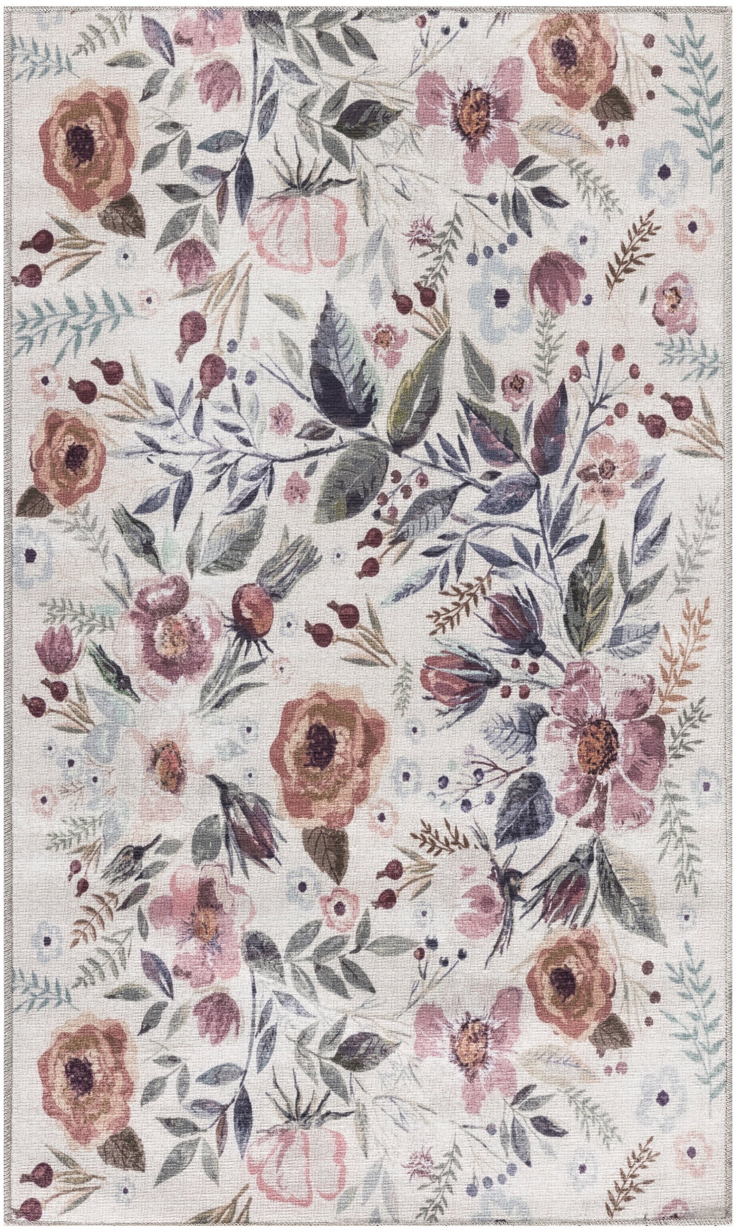 Pastel floral area rug with pink, peach and purple blossoms and muted green leaves on light beige background.