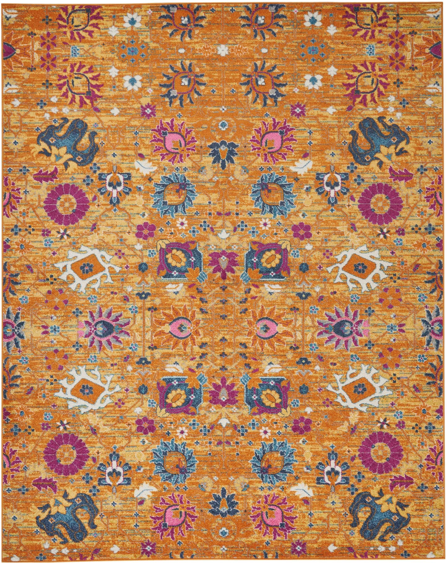 Vibrant orange oriental rug with blue, pink and teal floral medallions and a distressed vintage look.