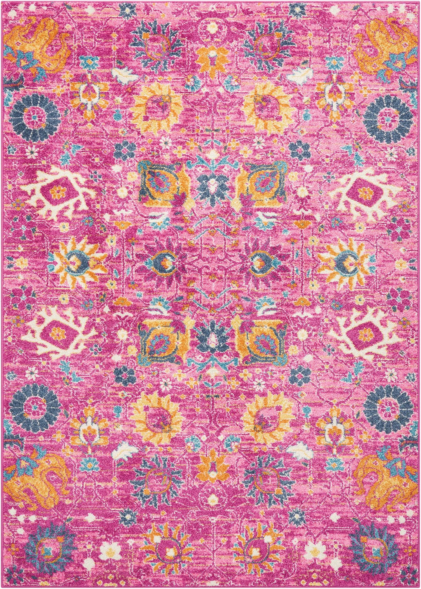 Rectangular pink distressed rug with yellow, teal, blue & orange floral medallions in a Persian-inspired pattern.
