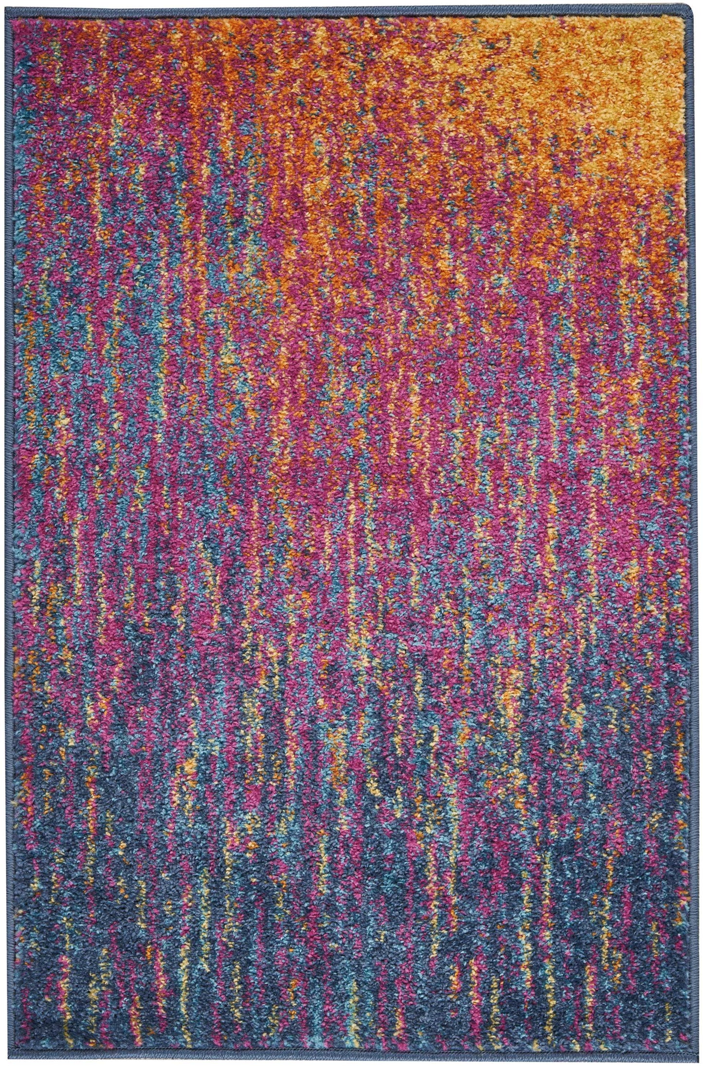 Rectangular shag rug with vibrant orange, magenta, teal and navy tones and a blue border.