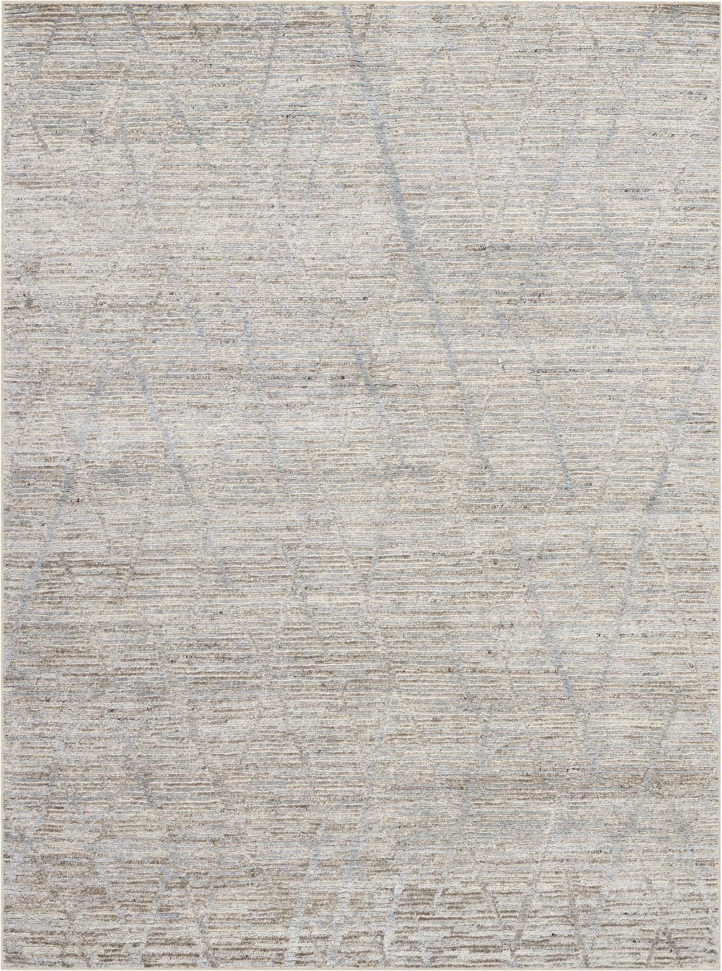 Neutral gray-beige rectangular rug with a soft textured pile and subtle geometric lattice pattern.