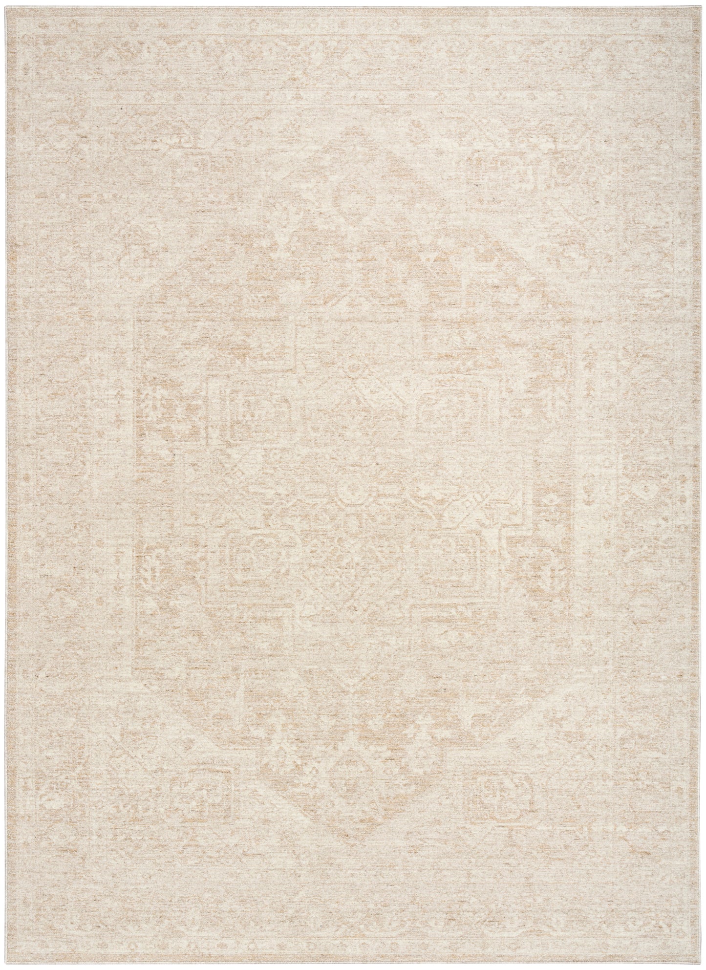 Beige distressed oriental area rug with muted vintage pattern and soft, low-pile texture.