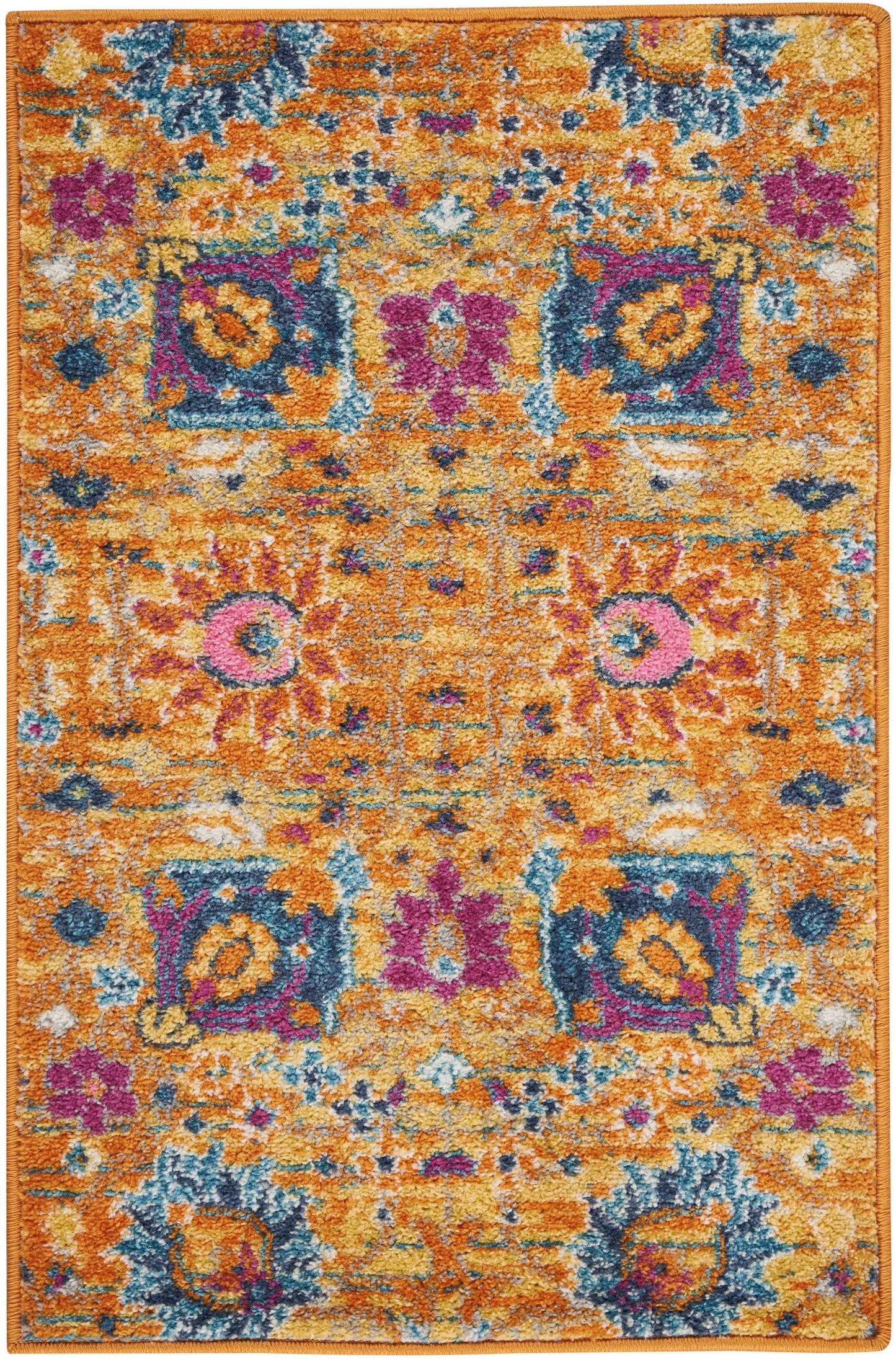 Rectangular plush orange area rug (2' x 3') with blue, teal, pink floral motifs in Bohemian-inspired pattern; shaggy pile.