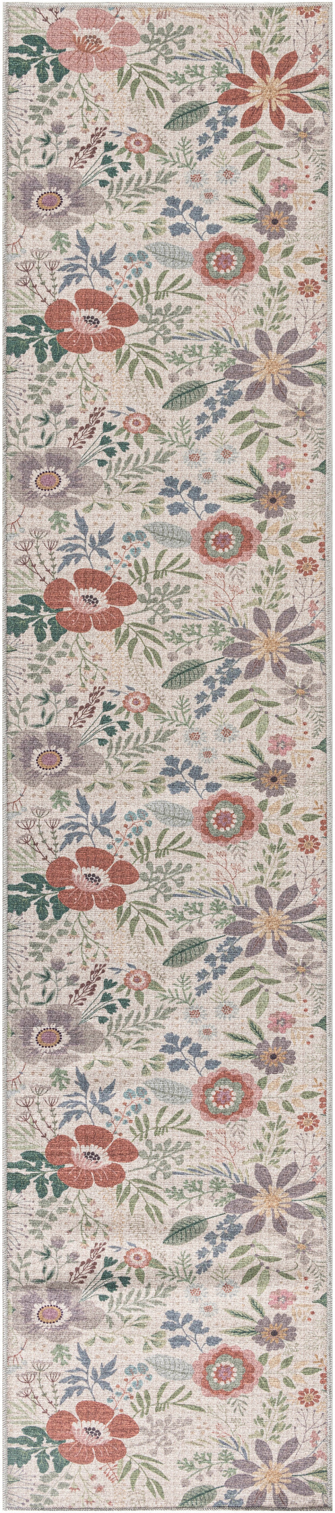 Long floral runner rug with cream background; pink, red, purple flowers and green leaves in botanical pattern.