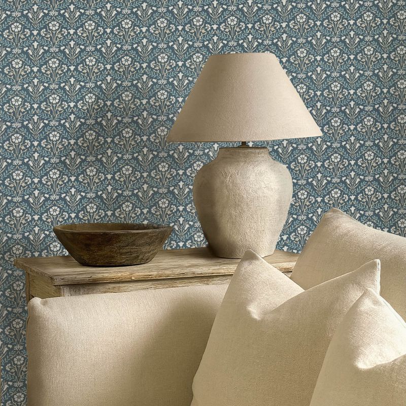 Morris & Co. Morris Bellflowers Wallpaper in Indigo/Linen with a classic interlocking floral pattern inspired by William Morris designs. Ideal for living rooms, bedrooms, hallways, and elegant traditional or cottage-style interiors.