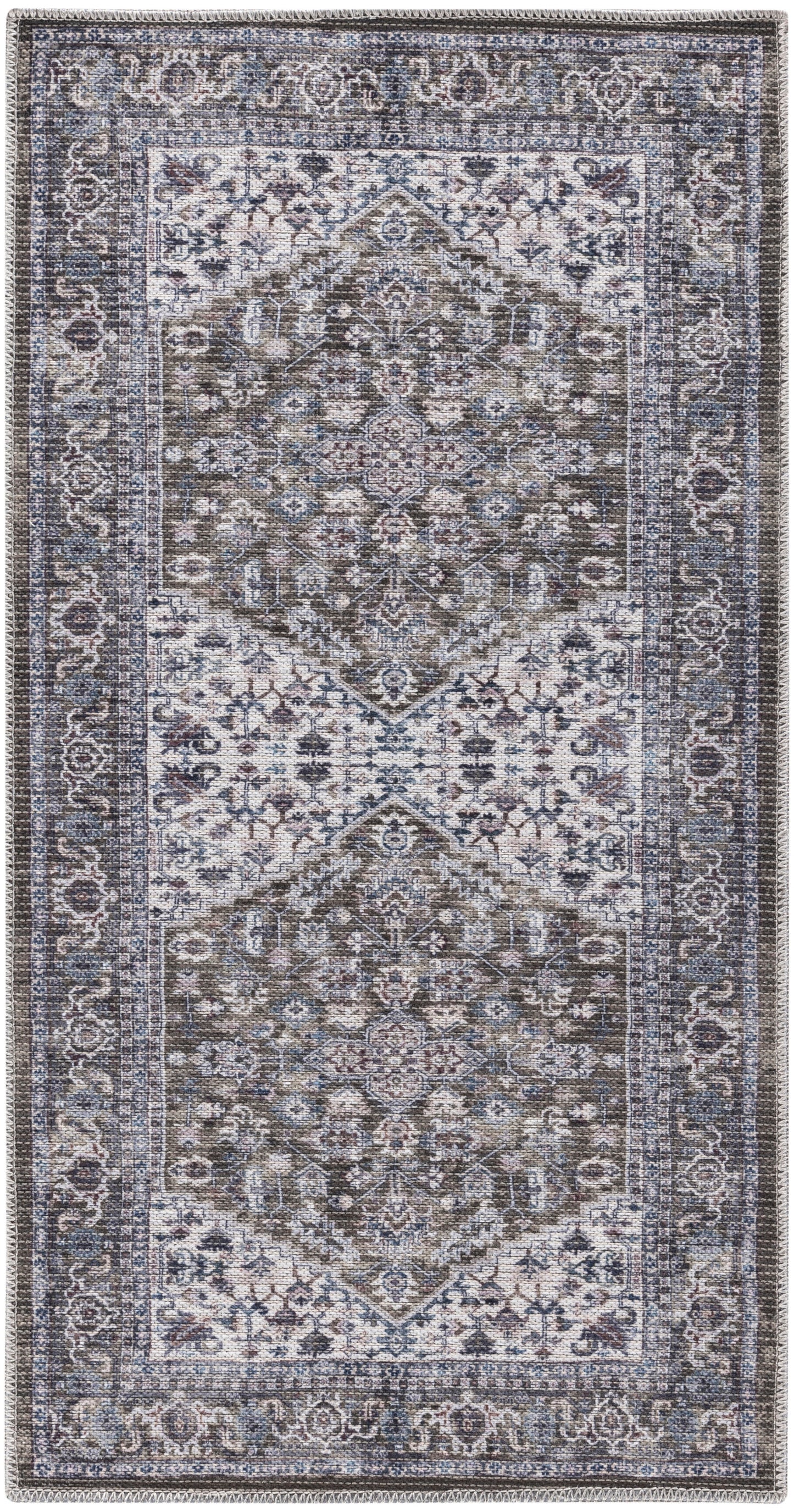Distressed blue-gray Persian-style rug with ivory floral medallions and ornate border; rectangular, fringed.