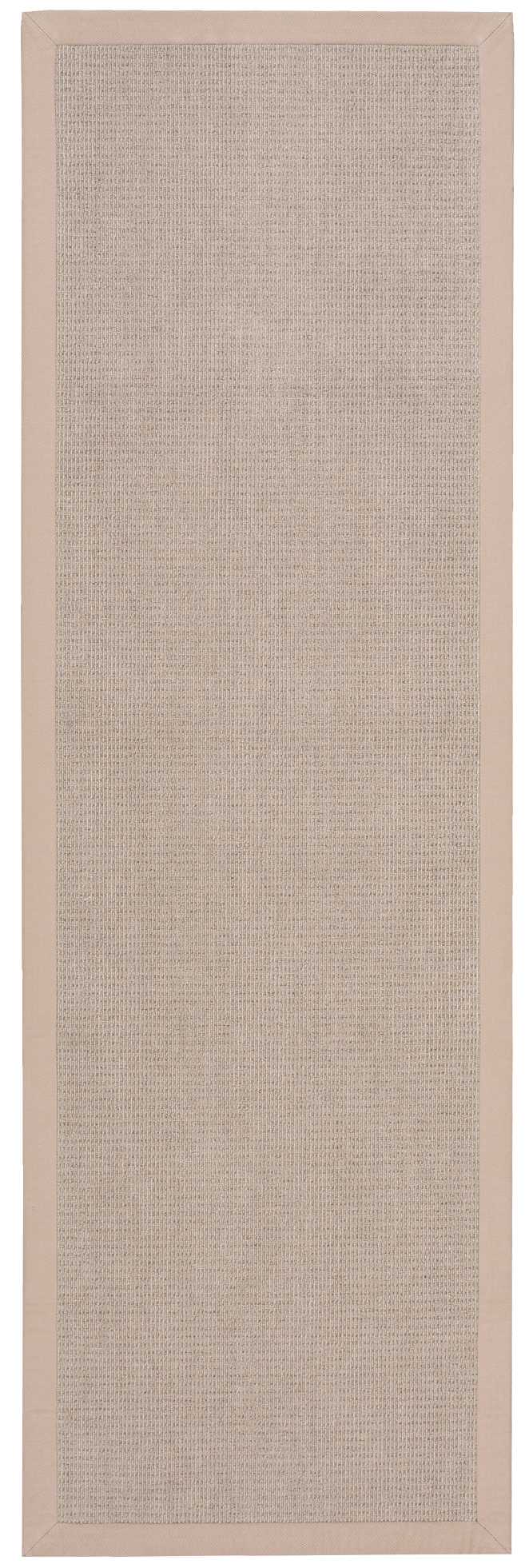 Beige woven rug runner with a pale pink border; rectangular, textured center for hallway or entryway.
