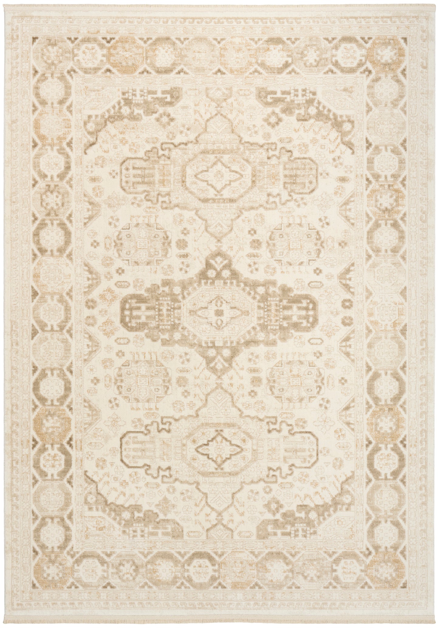 Cream Persian-style area rug with beige central medallions and floral motifs, ornate border, soft neutral look.