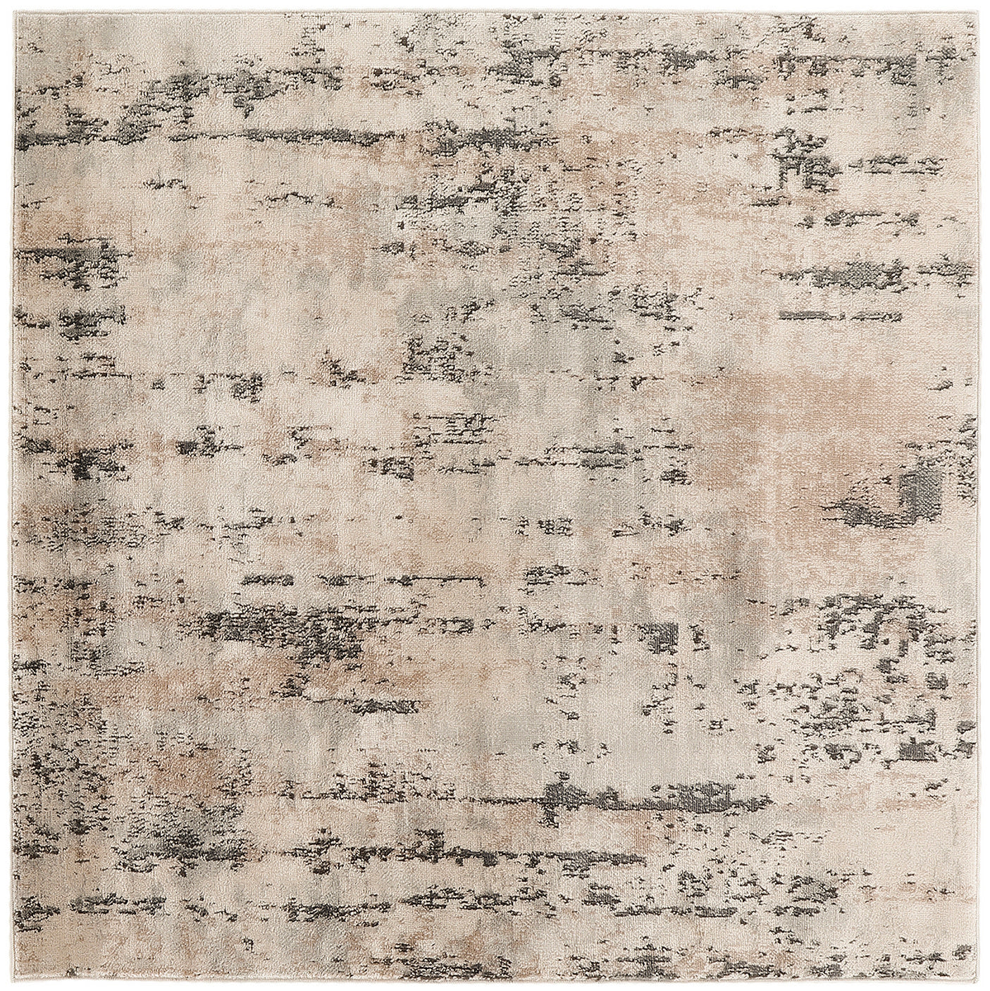 Beige abstract distressed area rug with charcoal-gray brushstroke pattern; soft, modern floor decor.