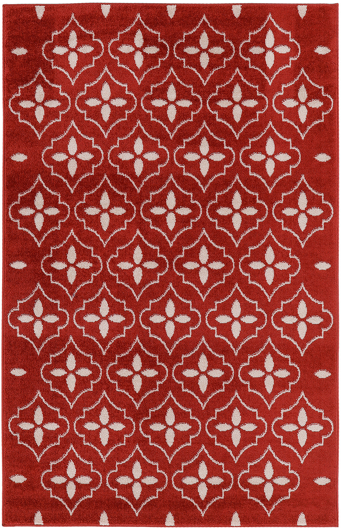Bold red rug with cream-white quatrefoil lattice motifs in a repeating pattern; soft woven rug.