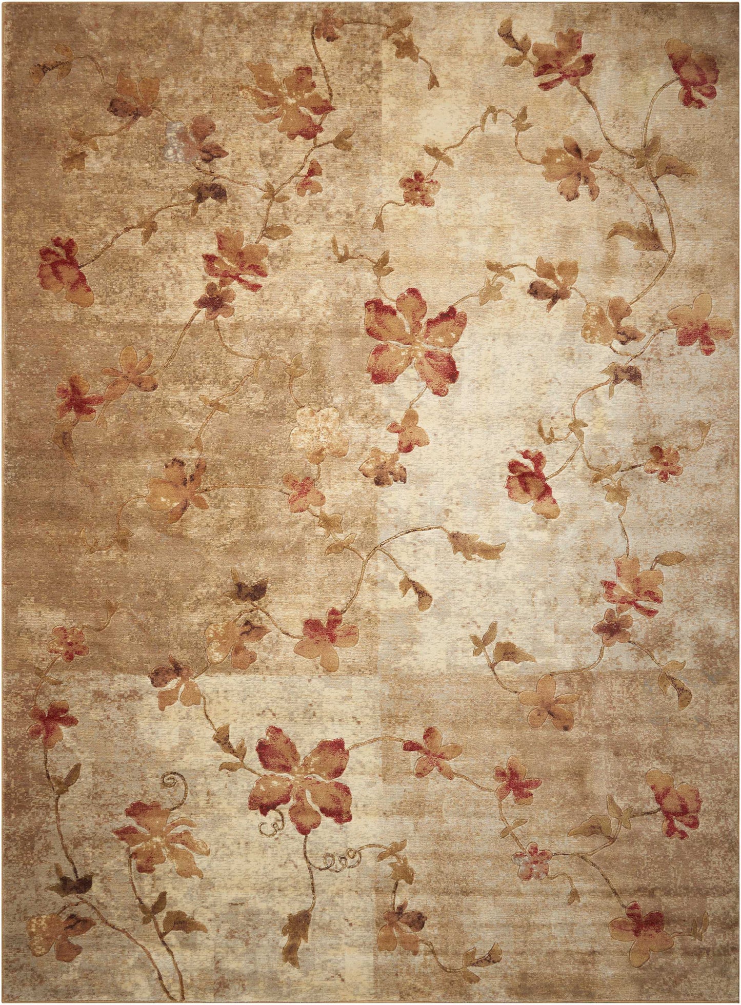 Beige distressed floral area rug with red-pink blossoms on curling vines, warm vintage style floor covering.