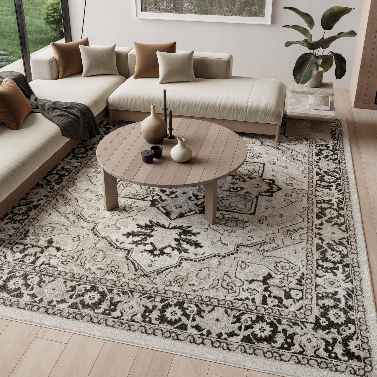 Vintage beige oriental rug, 8' x 10'.