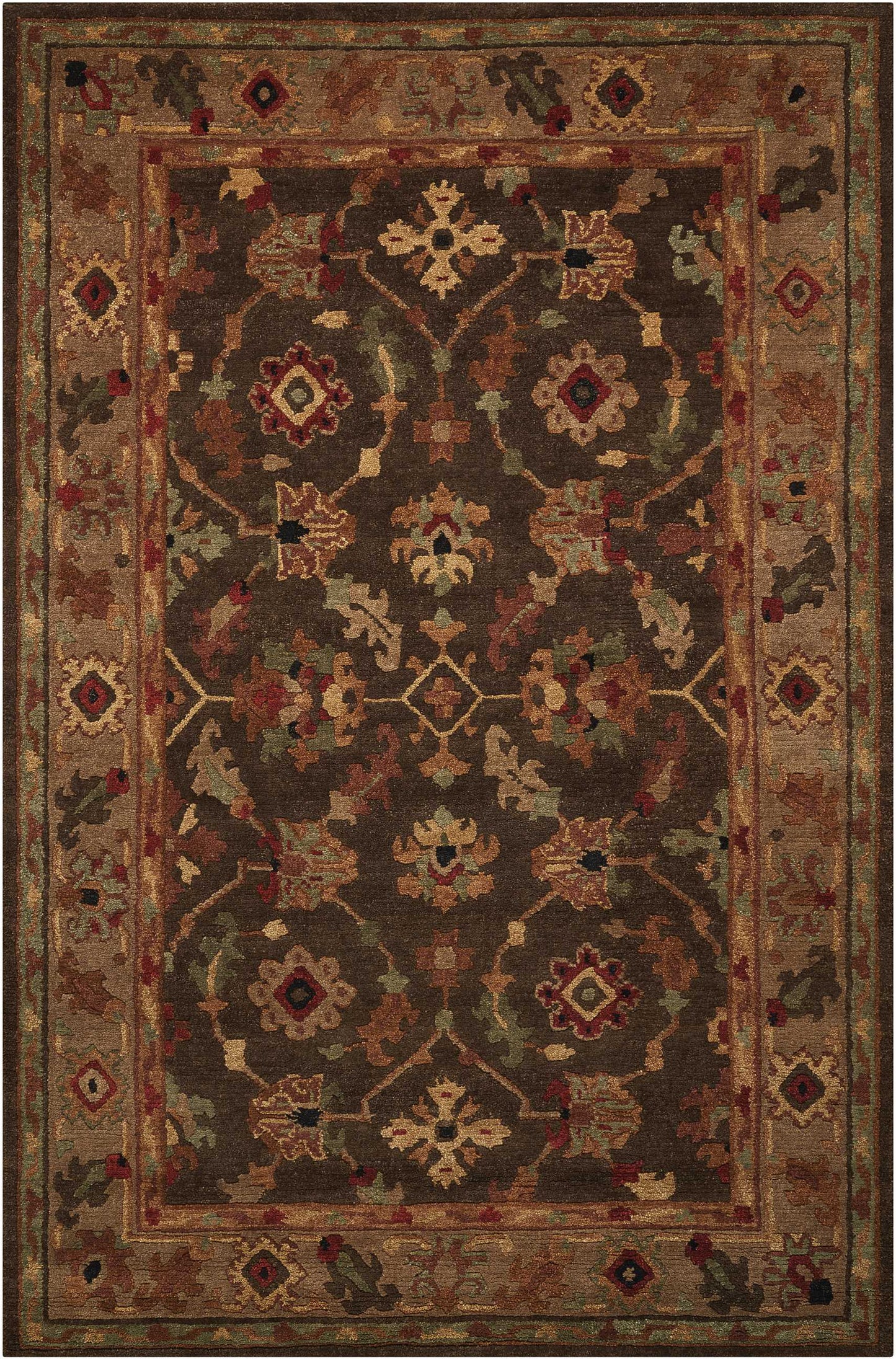 Traditional oriental rug with a dark brown field, multicolor floral medallions and vines, bordered in warm tan.