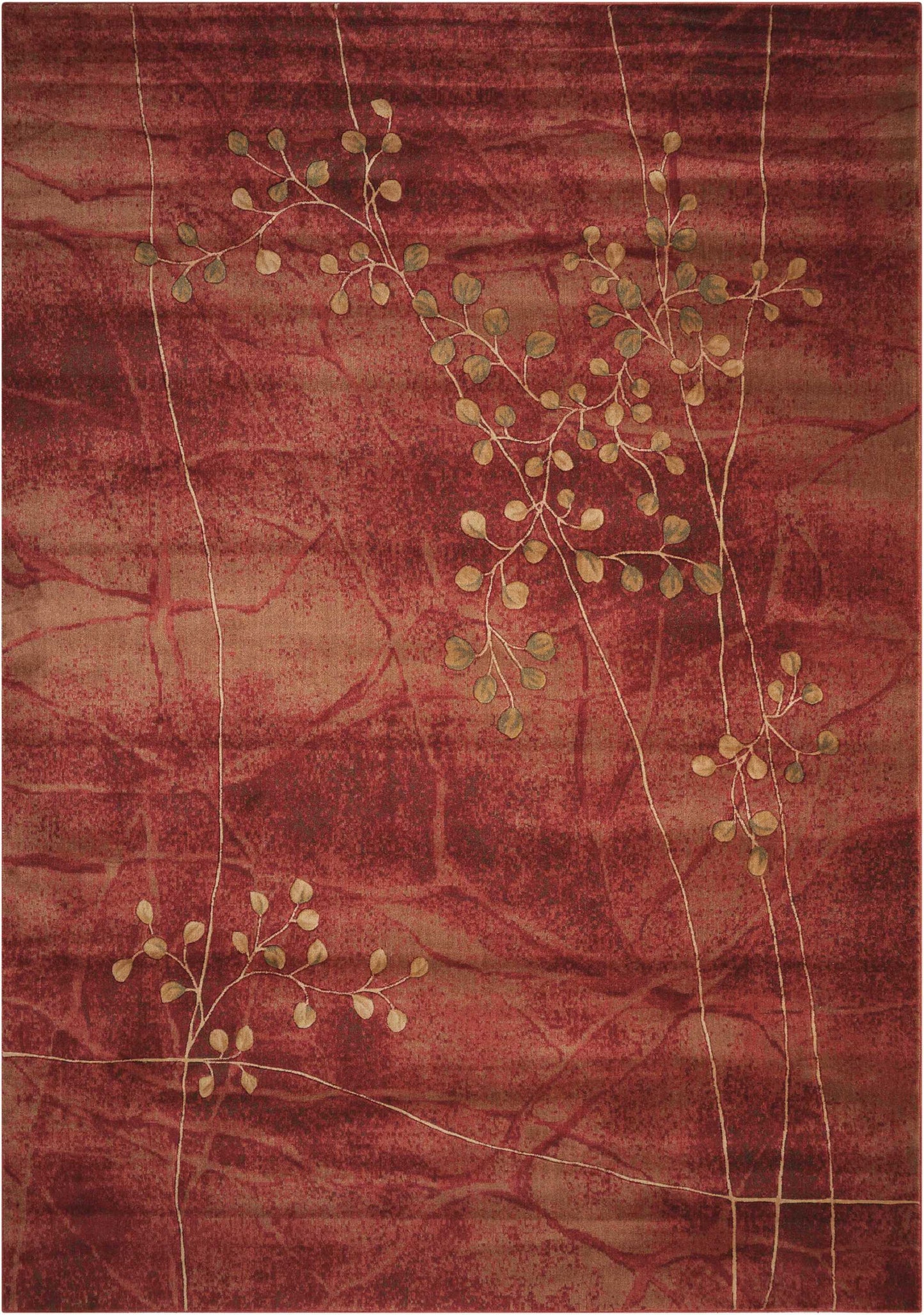 Rectangular maroon area rug with cream vine stems and small gold leaves in a decorative botanical pattern.