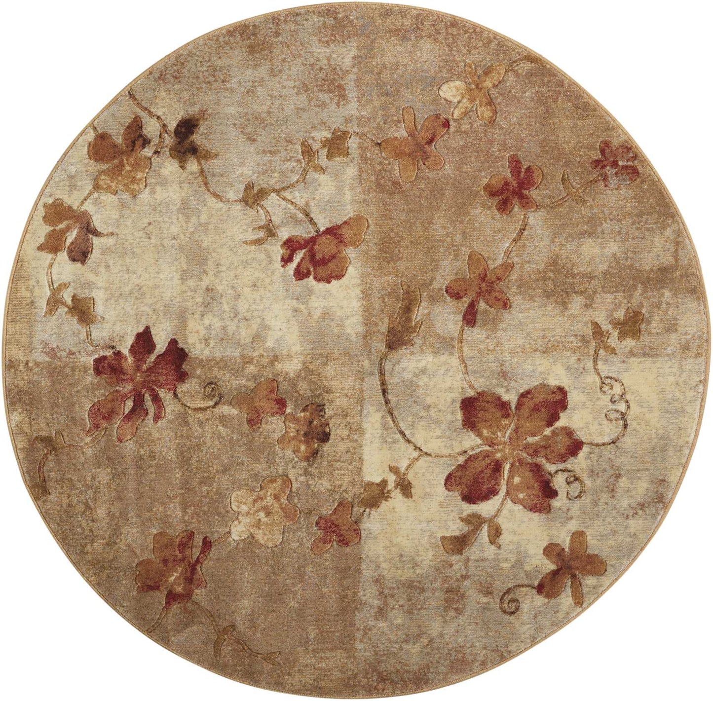 Round area rug featuring warm brown, beige and burgundy floral vines in a vintage pattern.