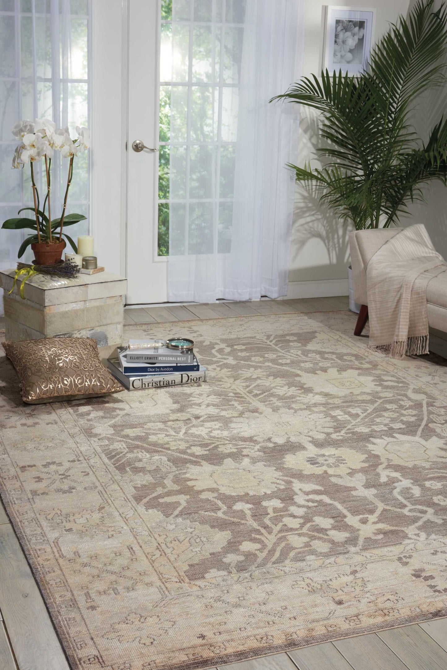 Beige oriental area rug with ivory floral border in bright living room; cream sofa, palm plant, books, and sequin cushion.