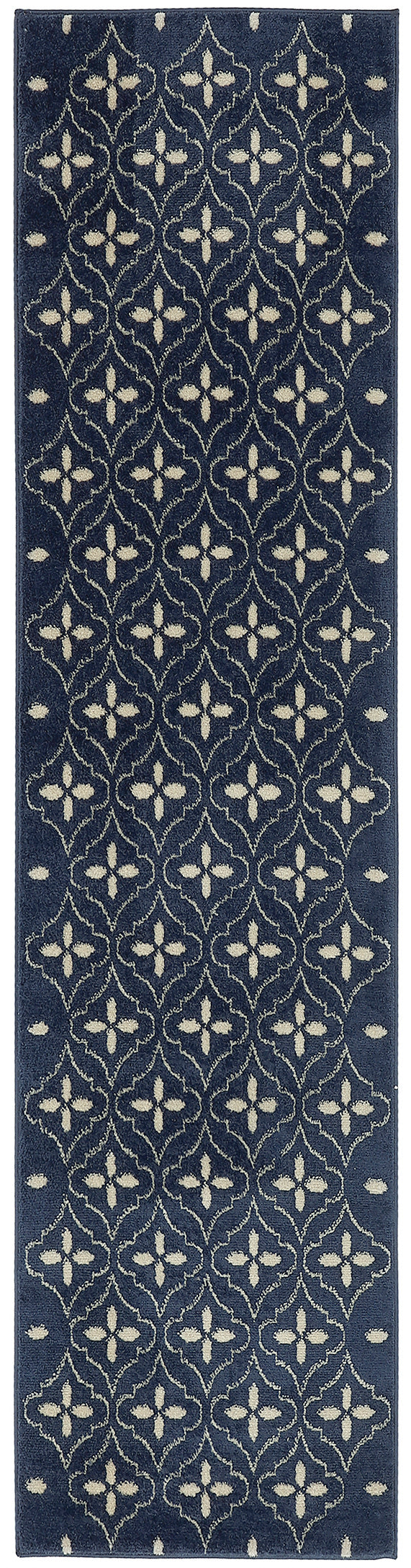 Navy blue runner rug with cream quatrefoil lattice pattern; long narrow rug for hallway or entryway.
