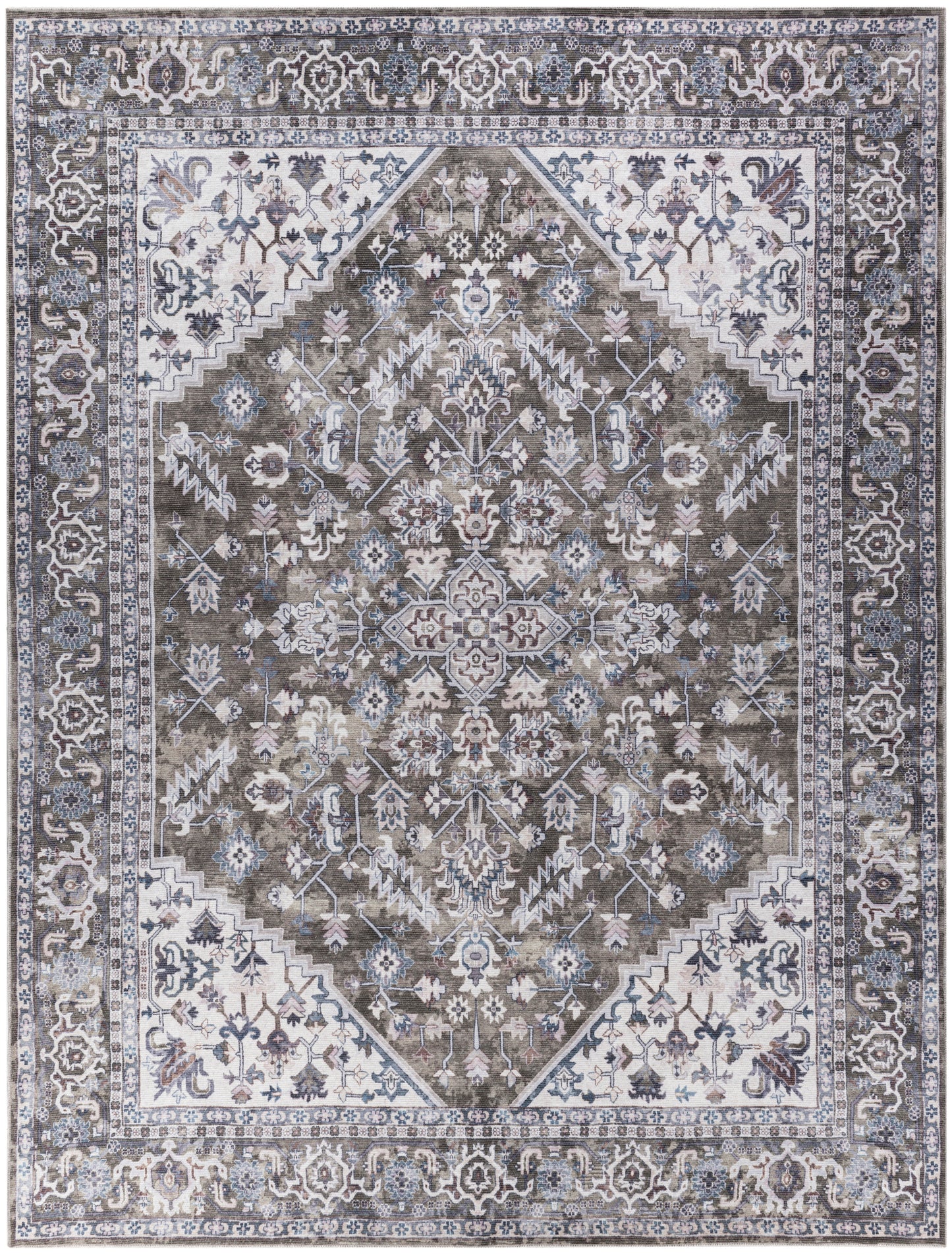 Rectangular Persian-inspired rug with central medallion, distressed taupe, ivory and blue tones, ornate floral border.
