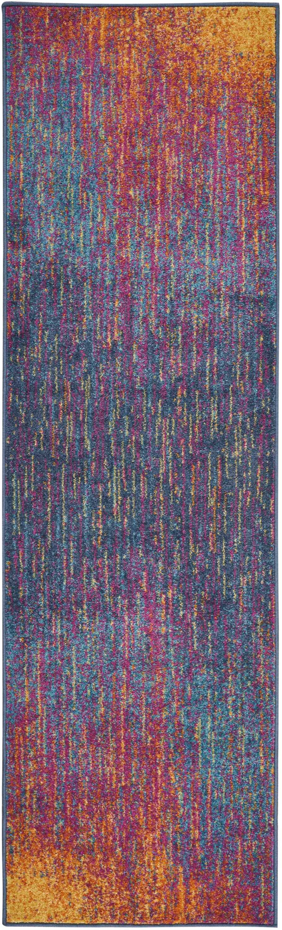 Long abstract multicolor rug runner with orange, pink, purple, teal vertical streaks and dark blue border.