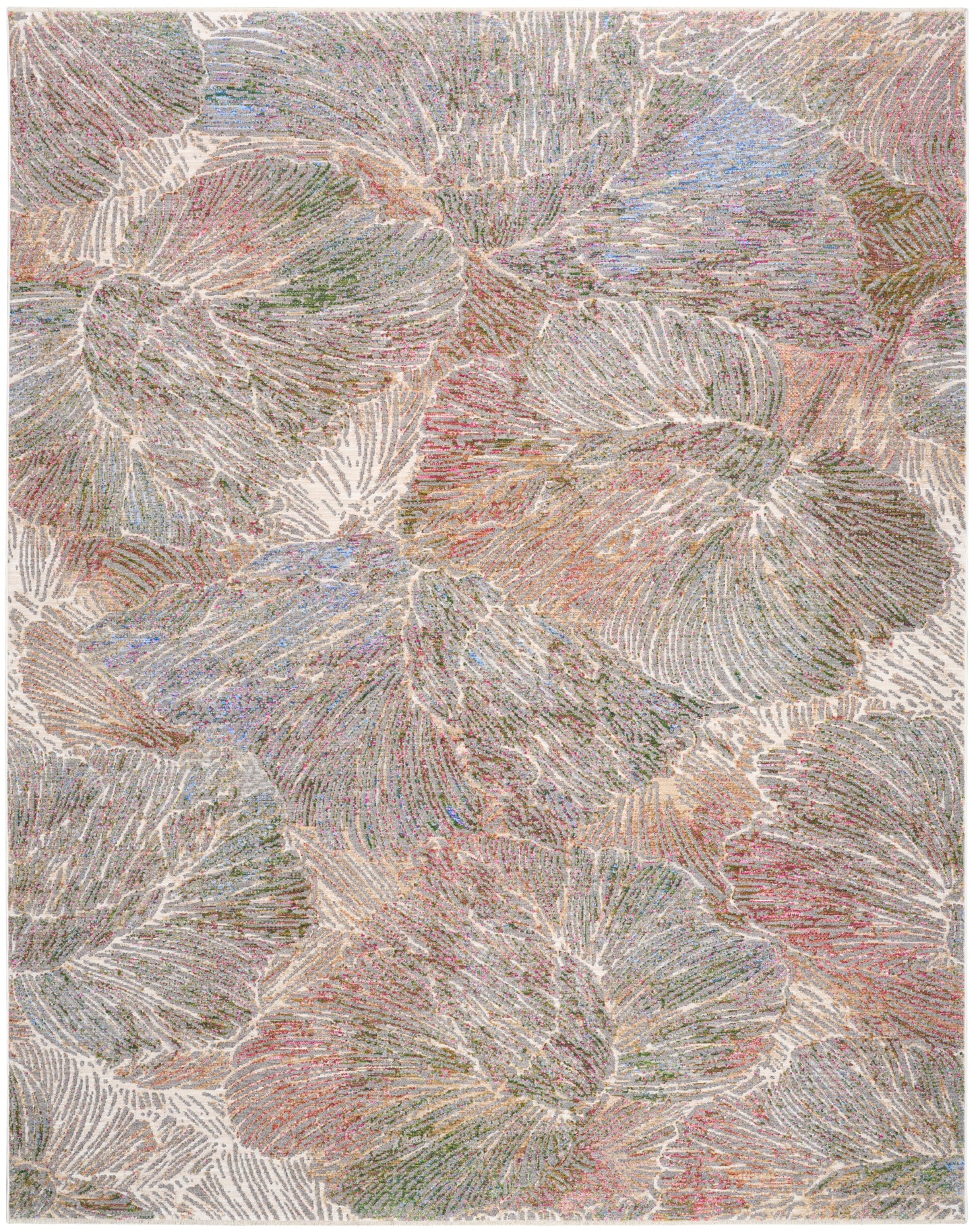 Pastel-toned woven rug with overlapping fan-leaf shapes in soft beige, blue, pink and green; decorative floor covering.