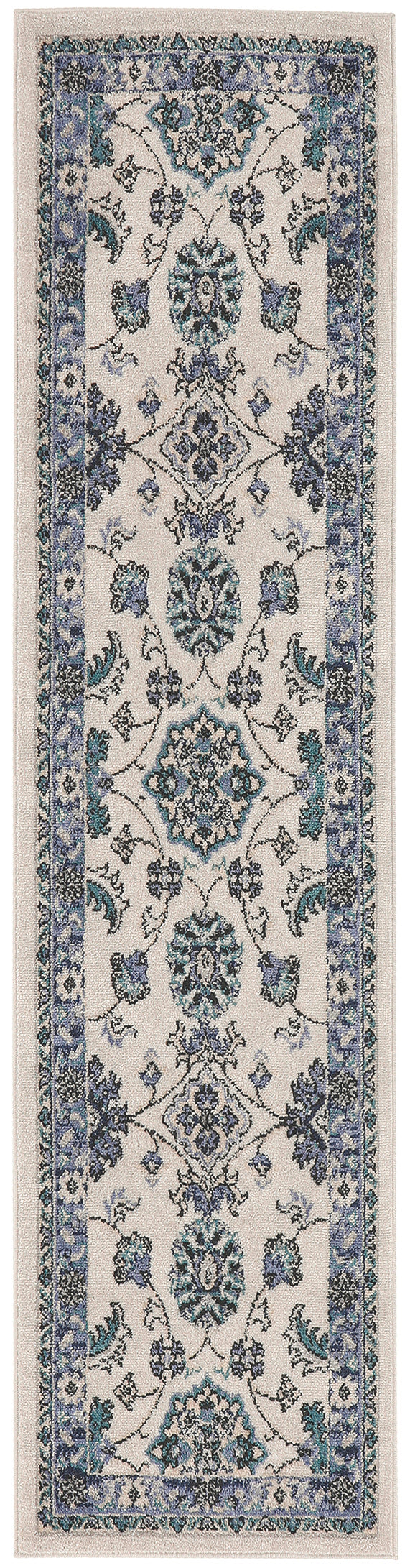 Cream oriental runner rug with blue and teal floral motifs and navy borders; machine-made, low-pile.